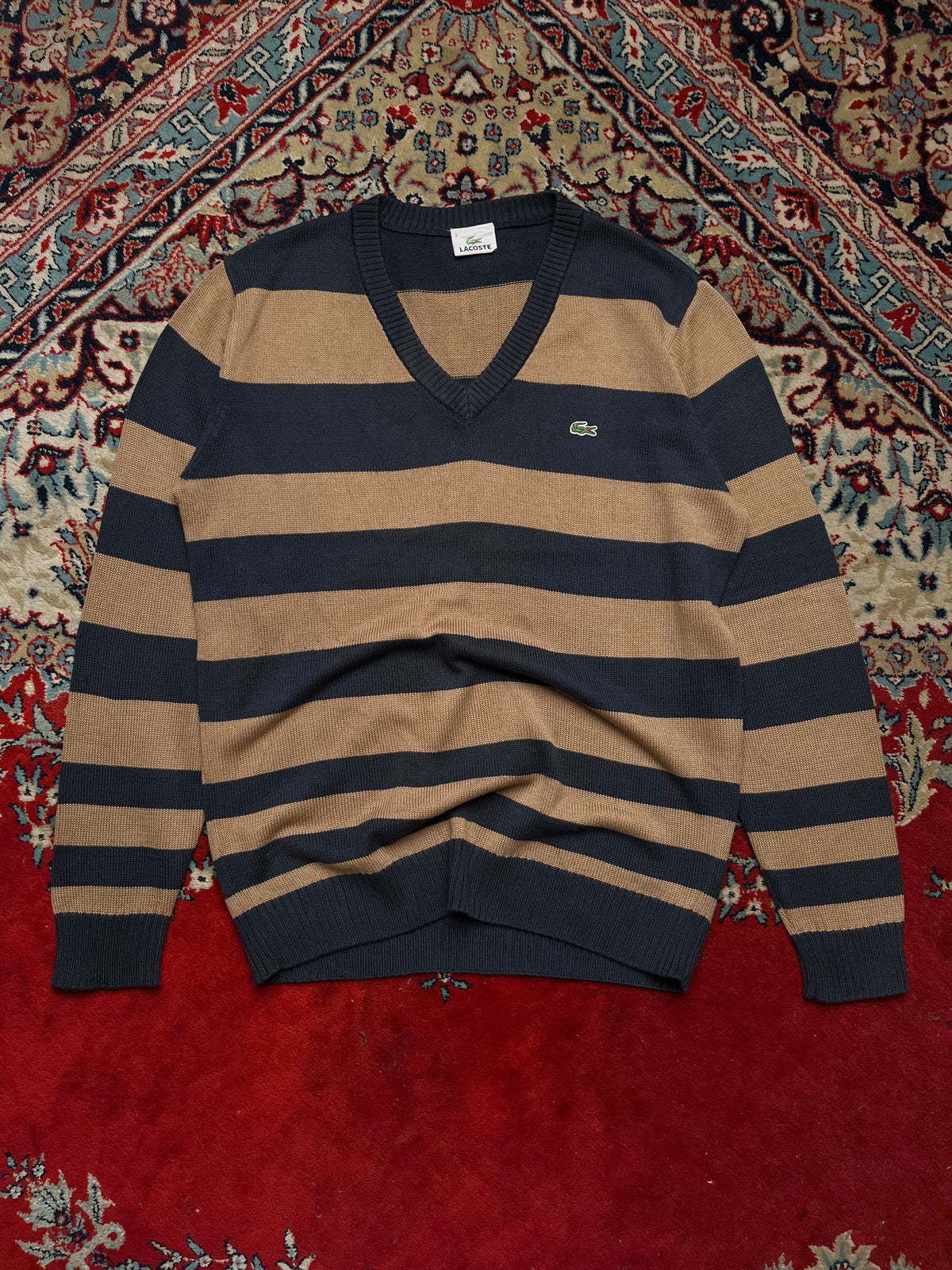 Lacoste Cotton Navy Tan Striped Crocodile Logo V-Neck Sweater - M