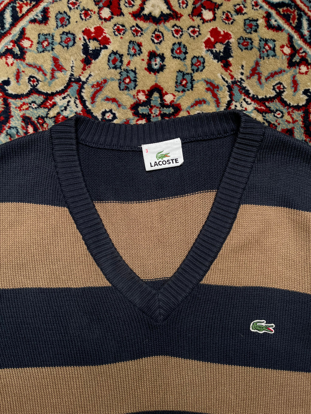 Lacoste Cotton Navy Tan Striped Crocodile Logo V-Neck Sweater - M