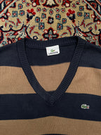 Lacoste Cotton Navy Tan Striped Crocodile Logo V-Neck Sweater - M