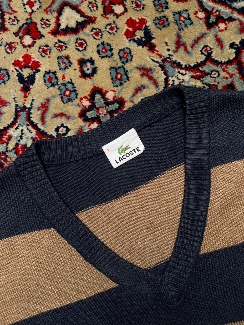 Lacoste Cotton Navy Tan Striped Crocodile Logo V-Neck Sweater - M