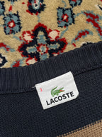 Lacoste Cotton Navy Tan Striped Crocodile Logo V-Neck Sweater - M