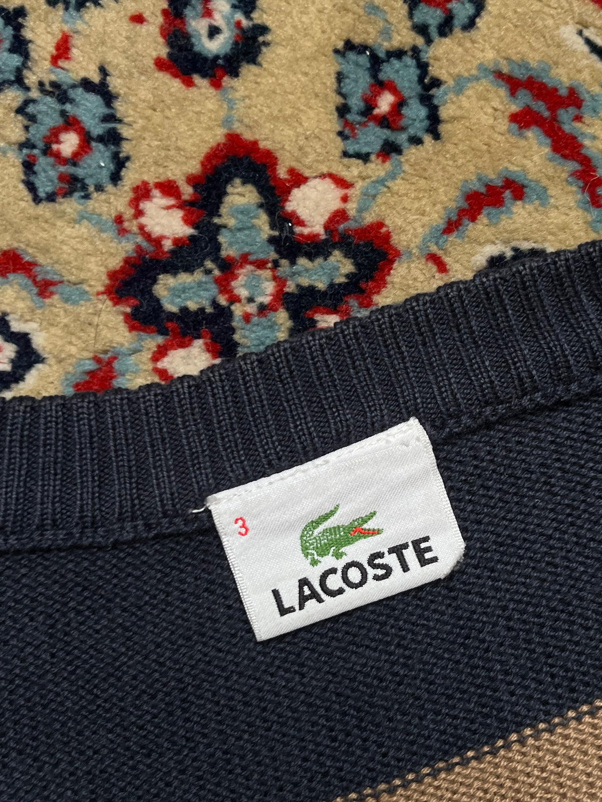Lacoste Cotton Navy Tan Striped Crocodile Logo V-Neck Sweater - M