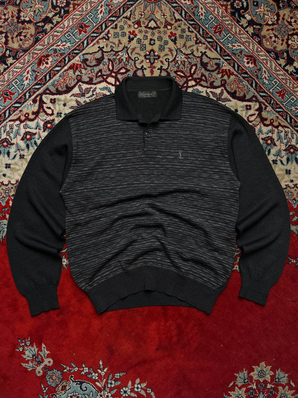 Vintage Yves Saint Laurent Pour Homme Charcoal Heather KNIT Polo Sweater - M
