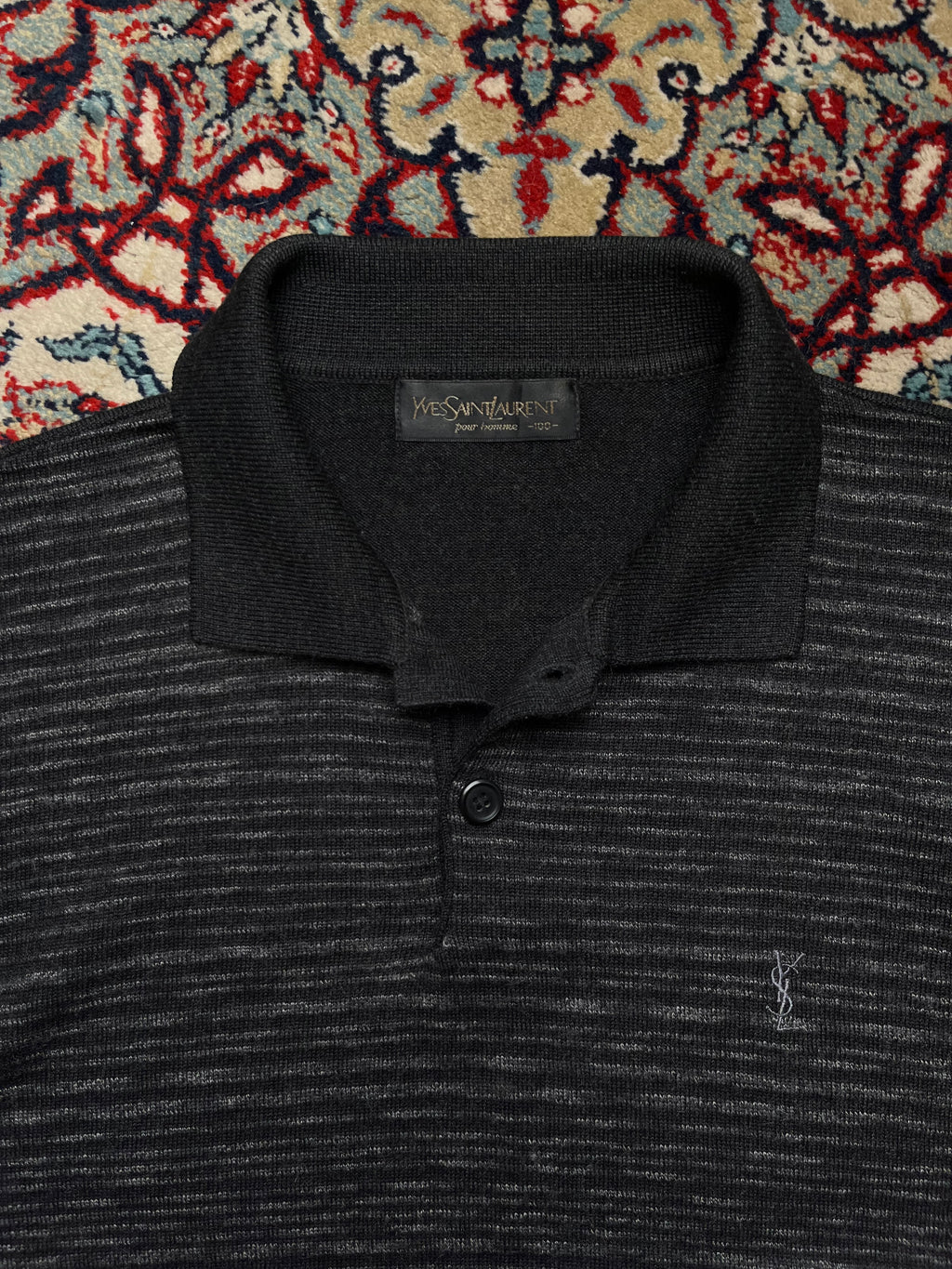 Vintage Yves Saint Laurent Pour Homme Charcoal Heather KNIT Polo Sweater - M