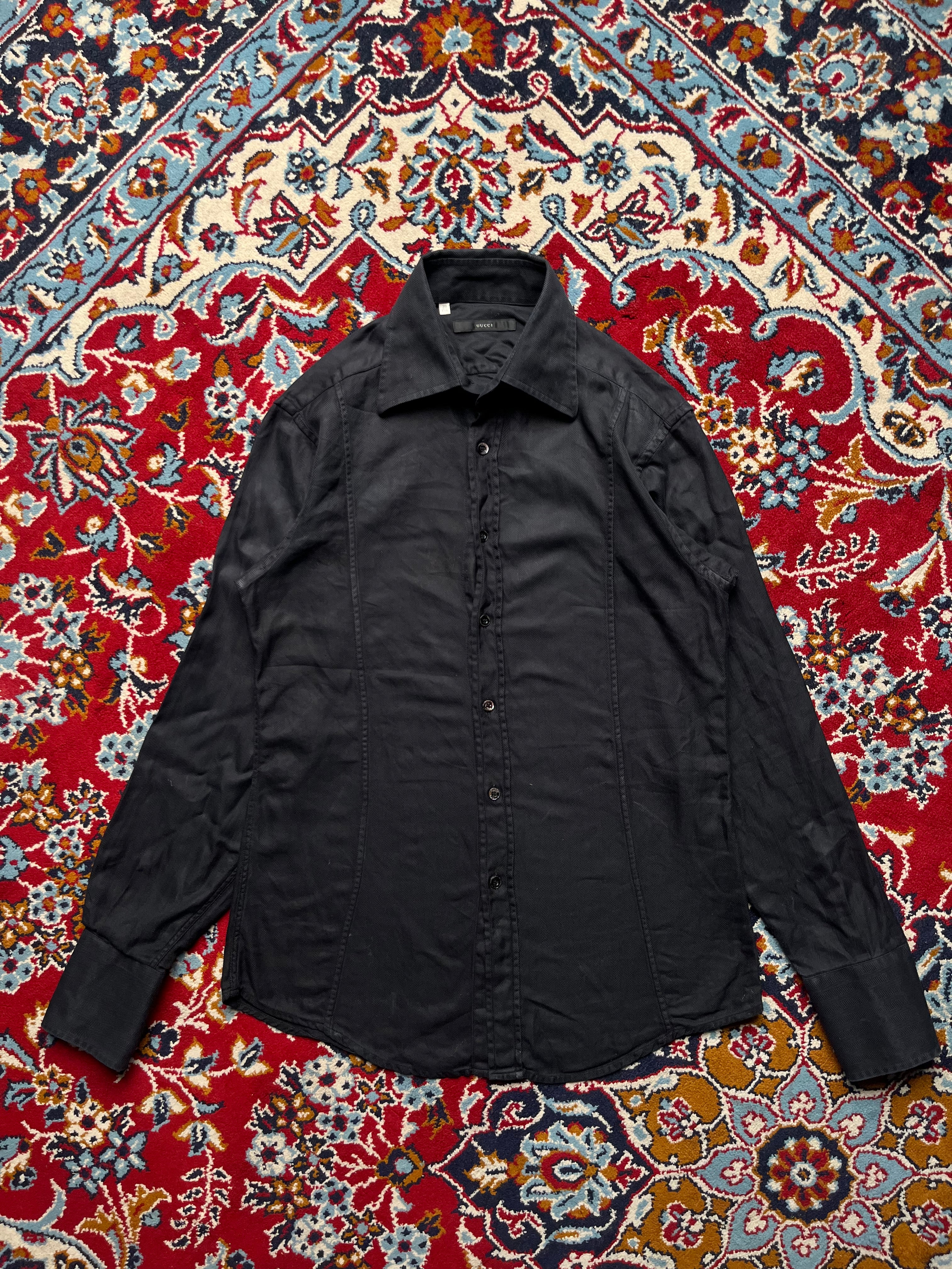 Gucci Black Herringbone Weave French Cuff Button Down Shirt - M
