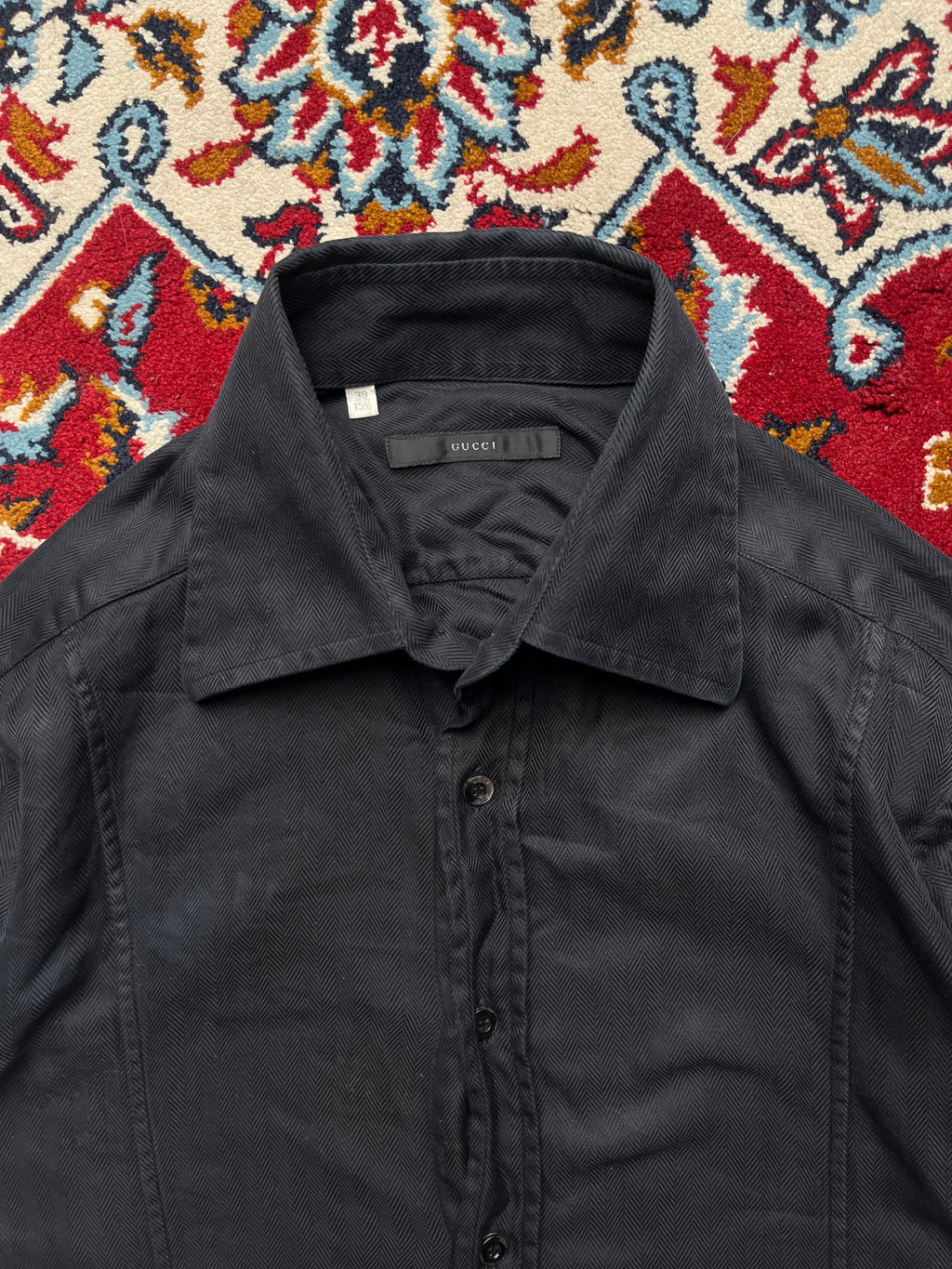 Gucci Black Herringbone Weave French Cuff Button Down Shirt - M