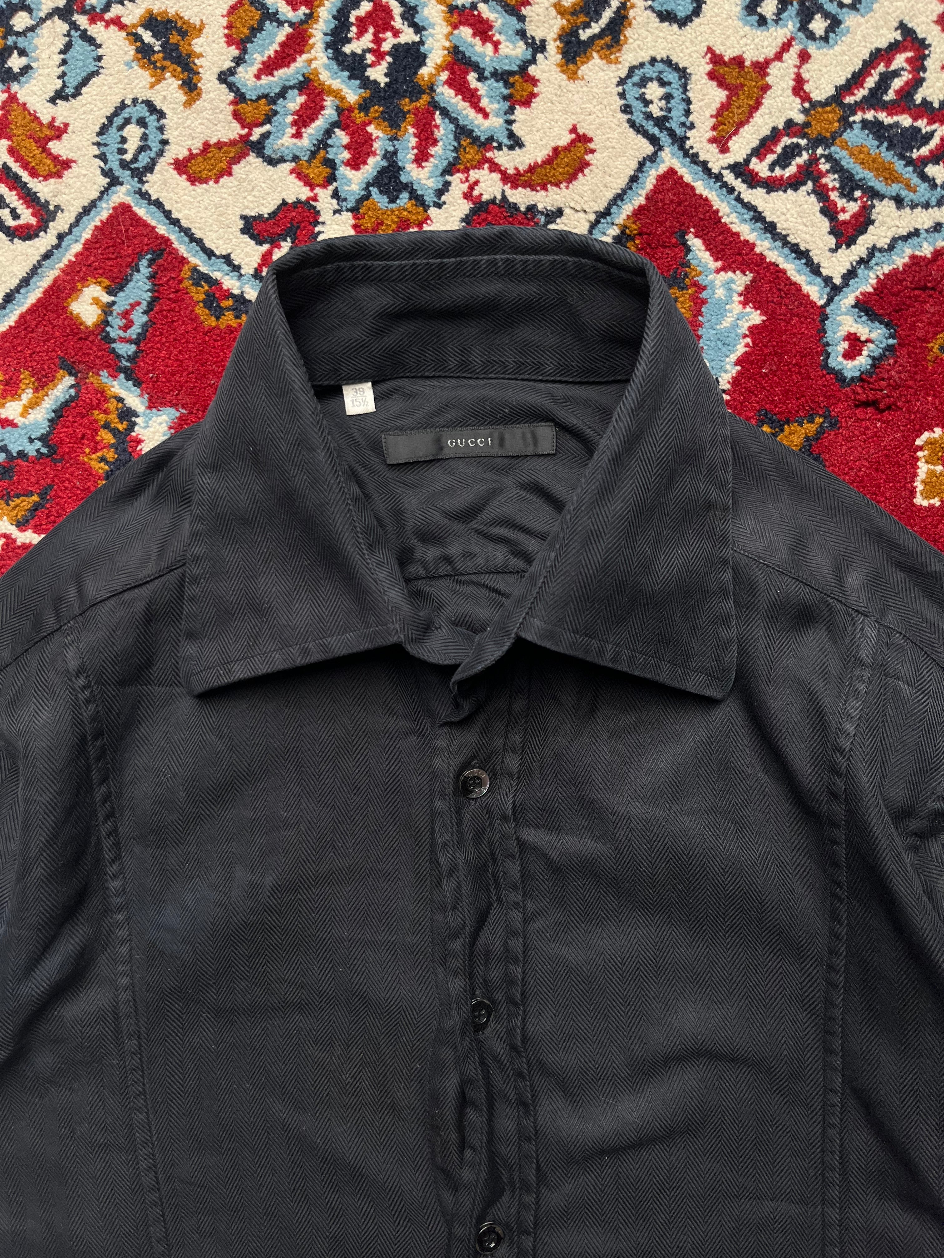 Gucci Black Herringbone Weave French Cuff Button Down Shirt - M