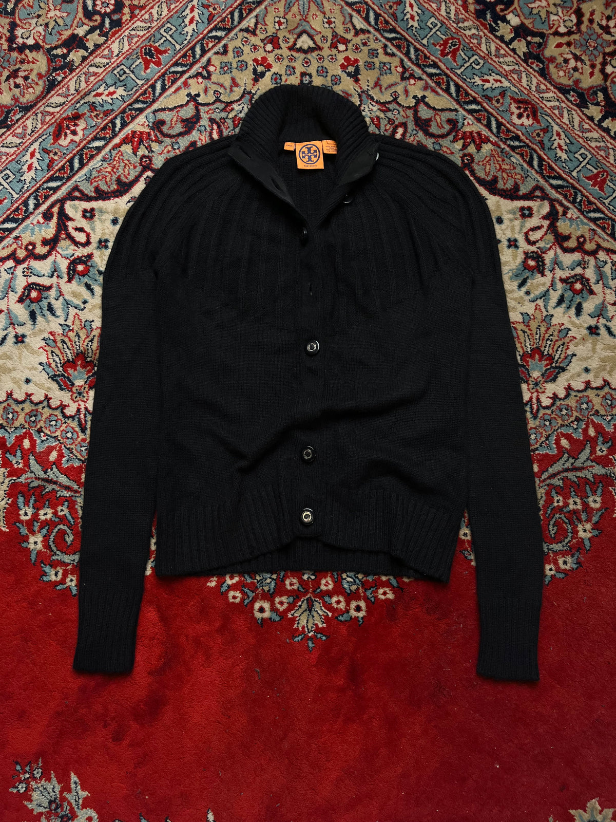 Tory Burch Wool Black Ribbed Knit Mock Neck Button Cardigan - L
