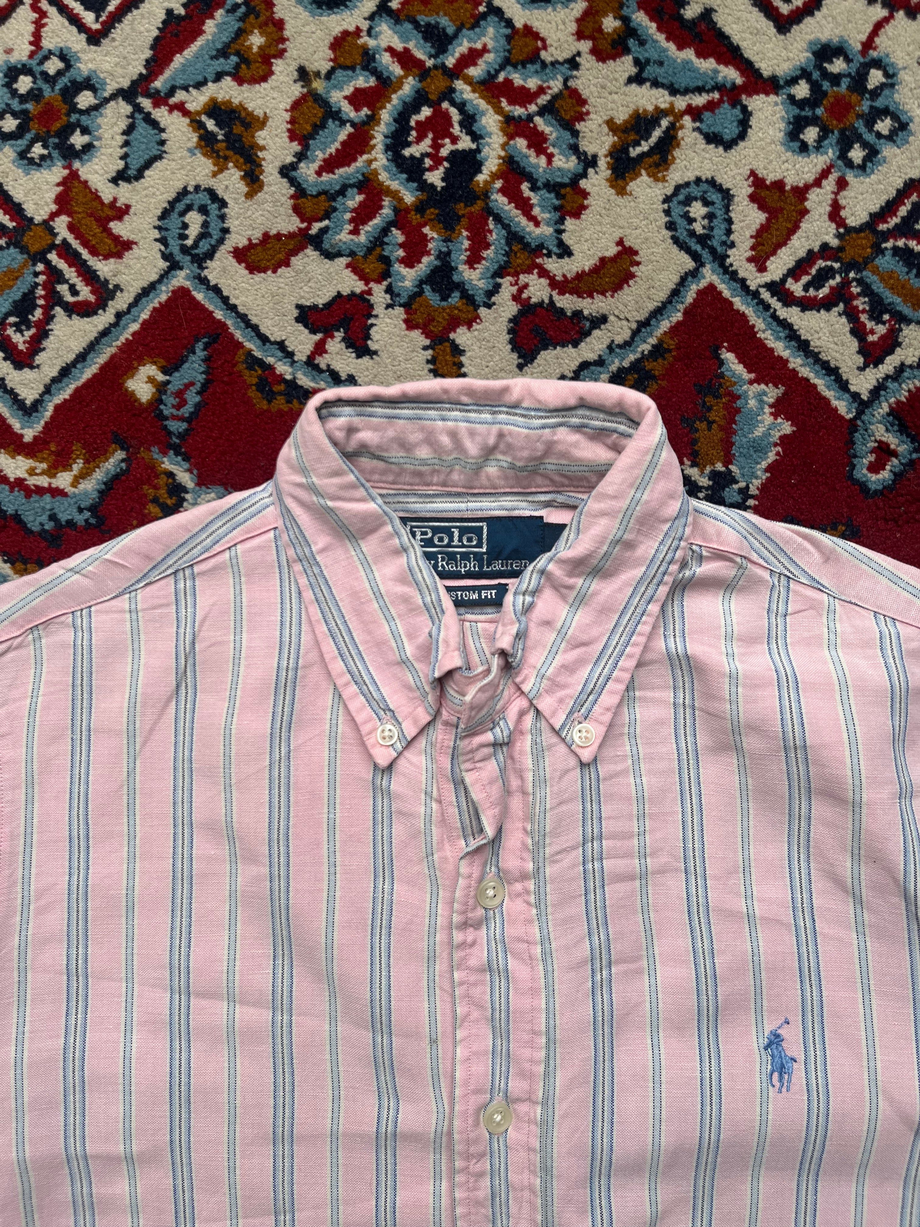 Polo Ralph Lauren Pink Striped Linen Silk Blend Custom Fit Button Down Shirt - S