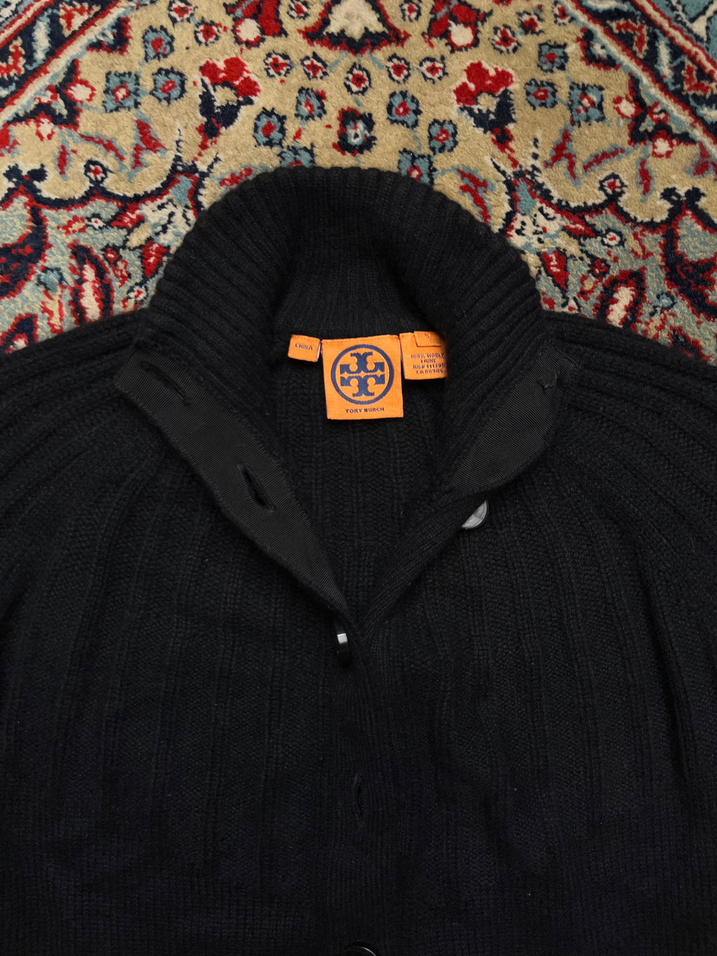 Tory Burch Wool Black Ribbed Knit Mock Neck Button Cardigan - L