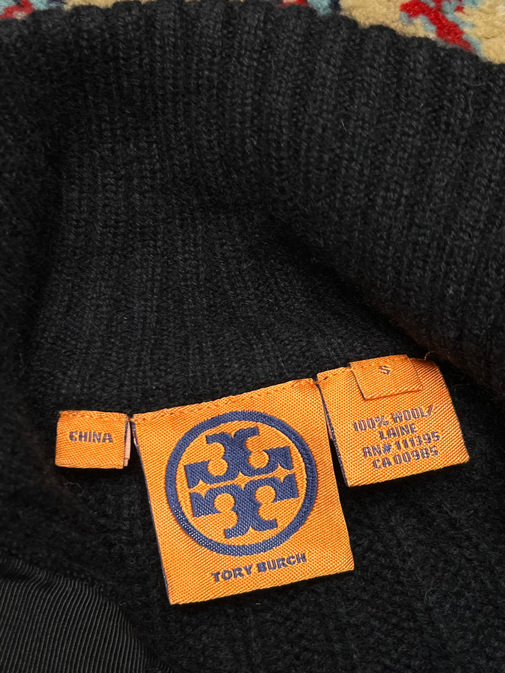 Tory Burch Wool Black Ribbed Knit Mock Neck Button Cardigan - L