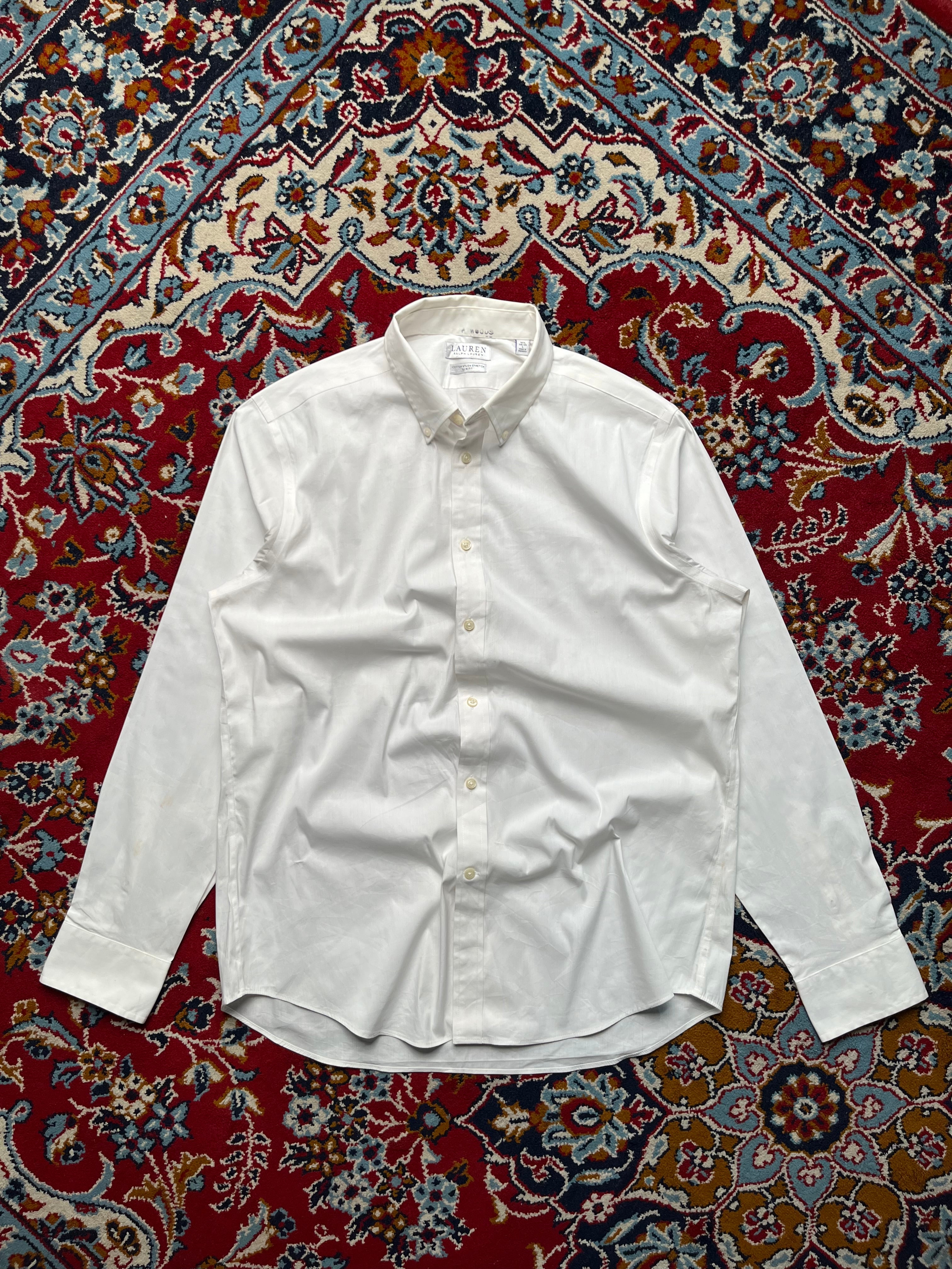 Ralph Lauren White Cotton Nylon Stretch Slim Fit Button Down Shirt - L