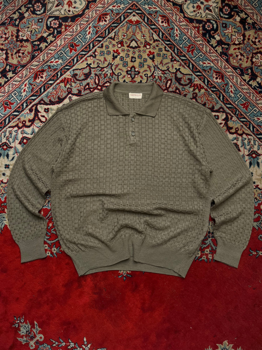 Omphalos Vintage Sage Green Textured Waffle Knit Polo Sweater - M