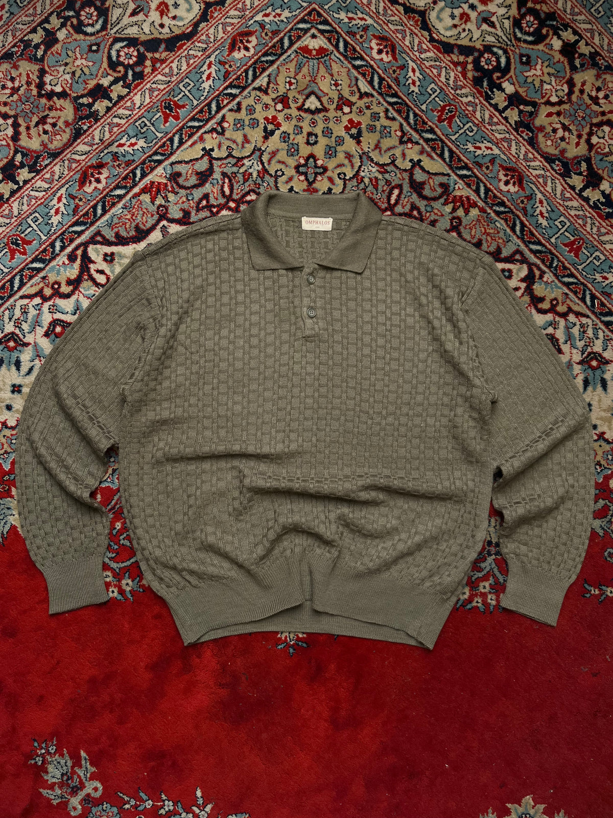 Omphalos Vintage Sage Green Textured Waffle Knit Polo Sweater - M