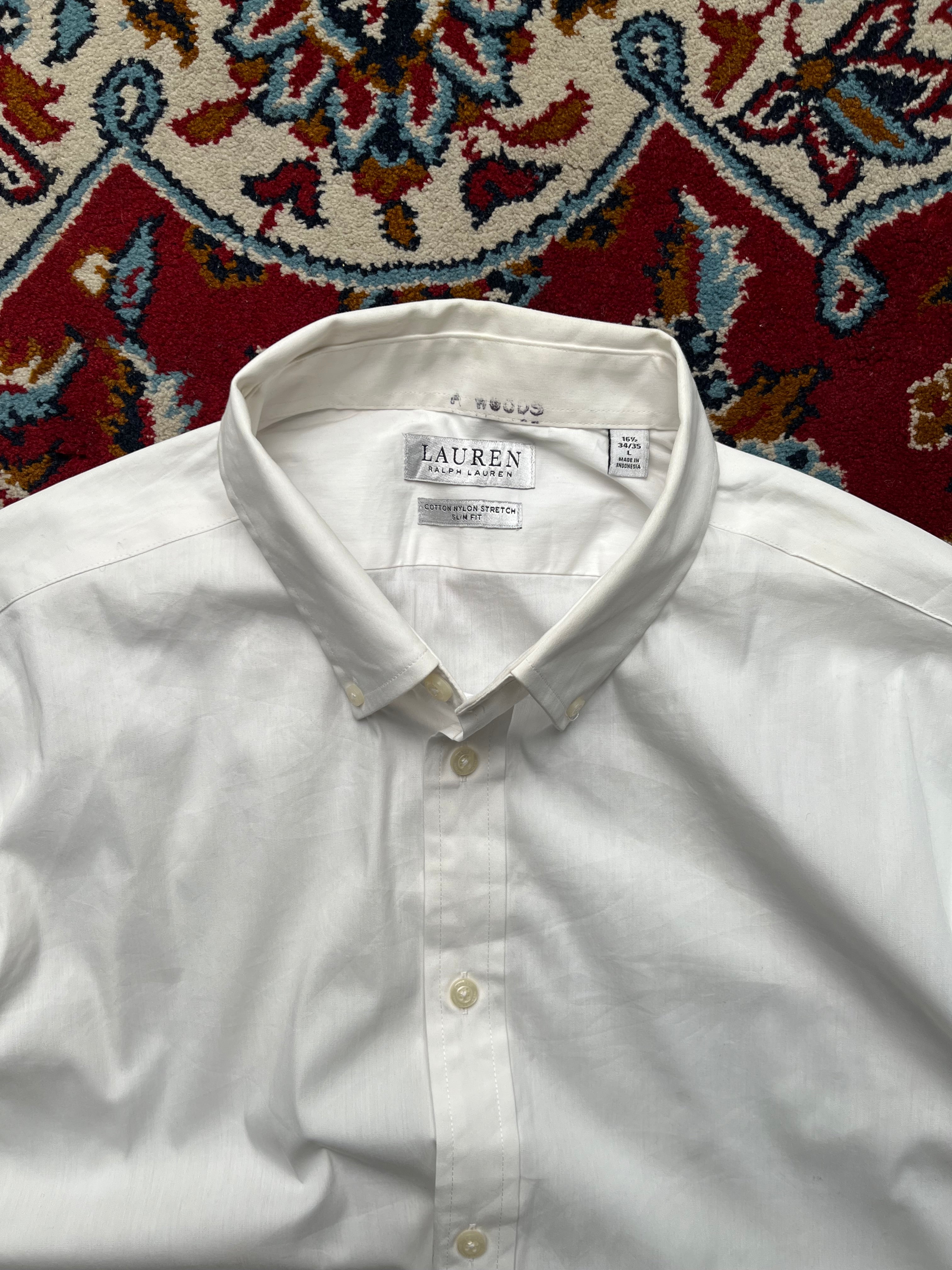 Ralph Lauren White Cotton Nylon Stretch Slim Fit Button Down Shirt - L