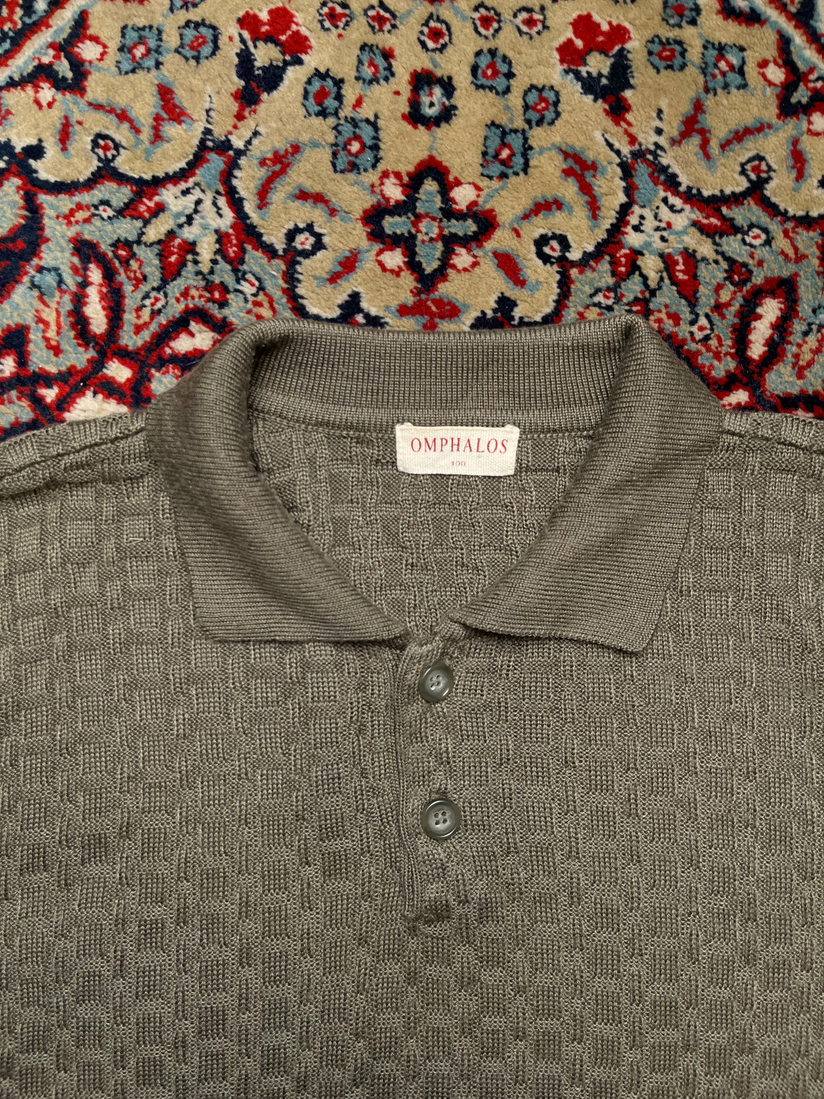 Omphalos Vintage Sage Green Textured Waffle Knit Polo Sweater - M