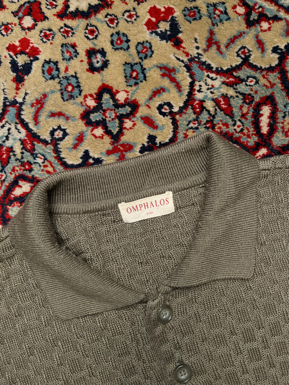 Omphalos Vintage Sage Green Textured Waffle Knit Polo Sweater - M