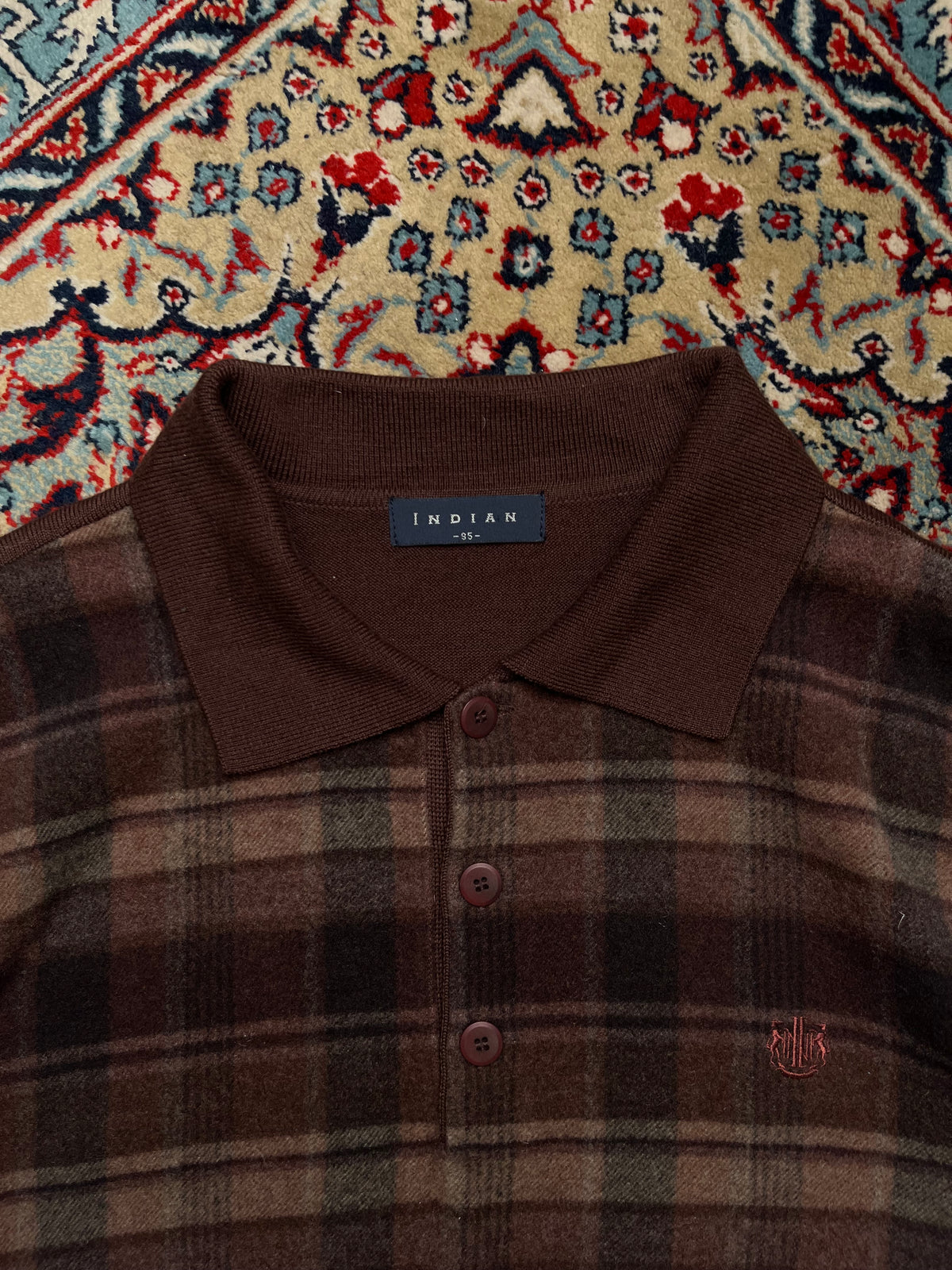 Indian Korea Vintage Brown Plaid Knit Polo Sweater - M