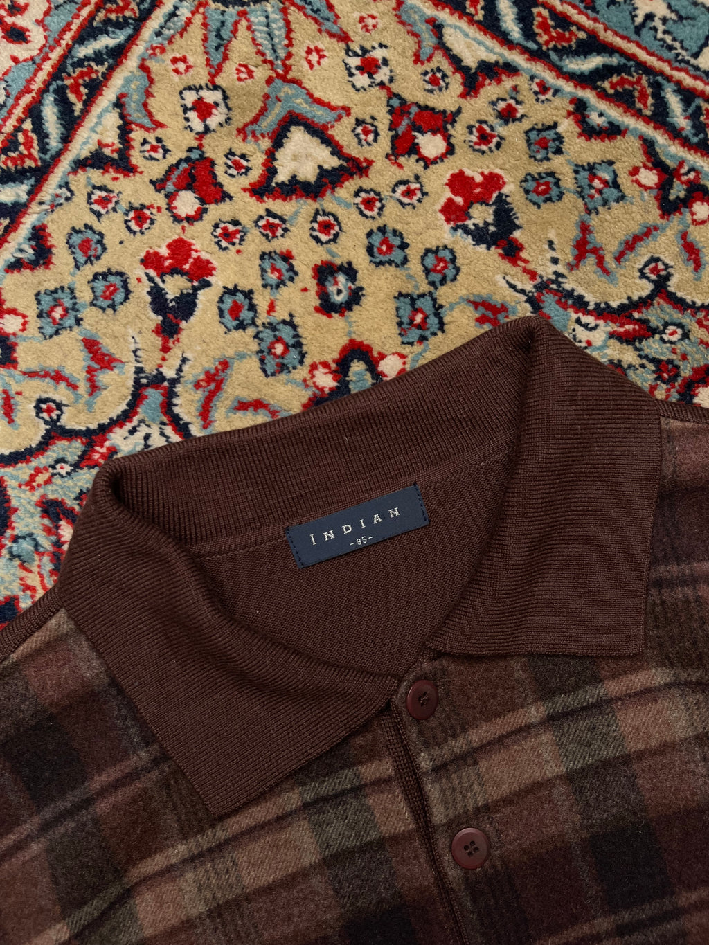 Indian Korea Vintage Brown Plaid Knit Polo Sweater - M