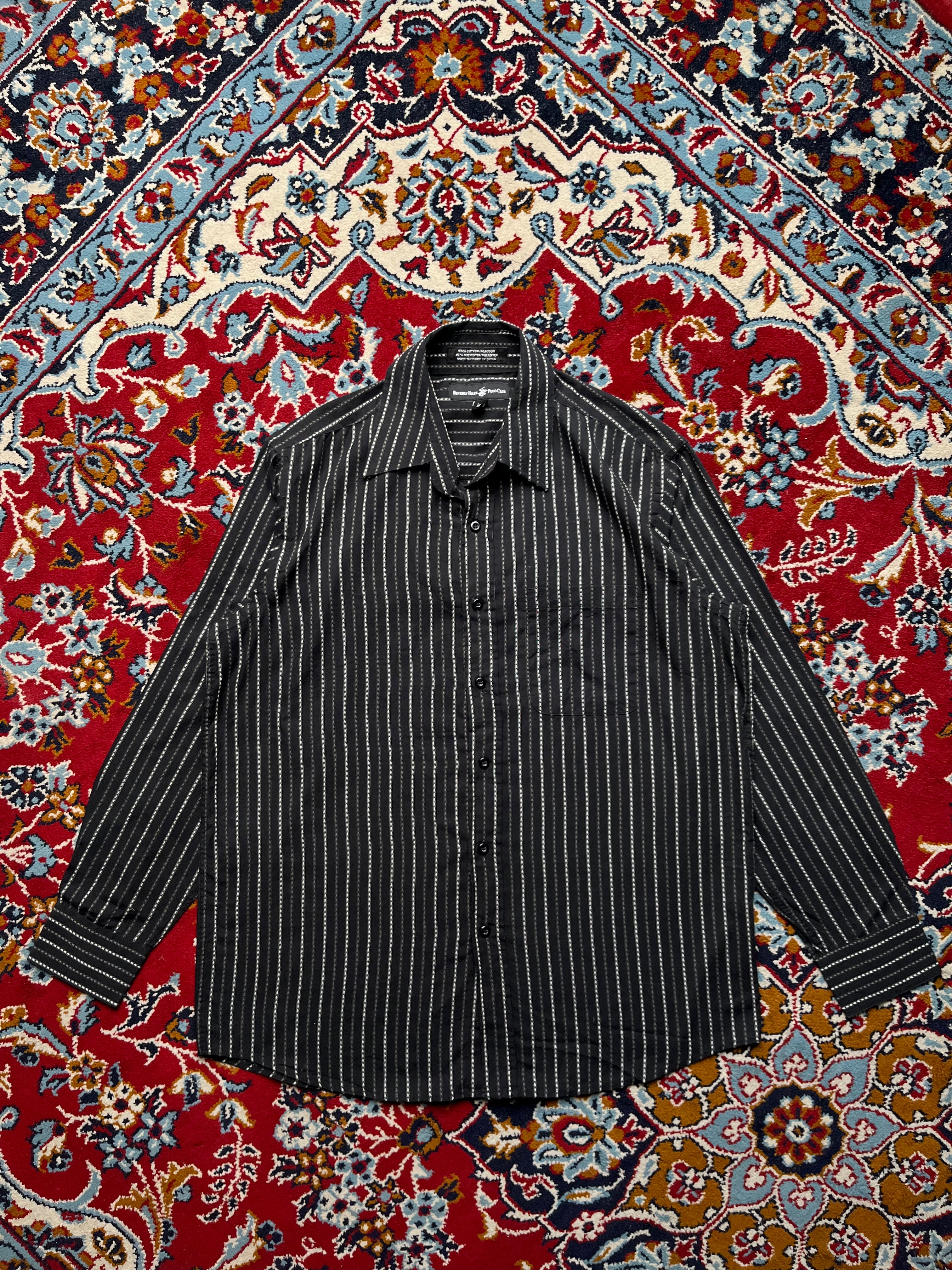 Beverly Hills Polo Club Black White Stripe Button Down Shirt - M