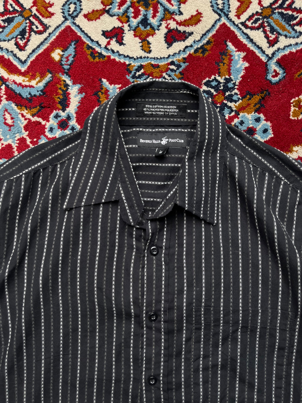 Beverly Hills Polo Club Black White Stripe Button Down Shirt - M