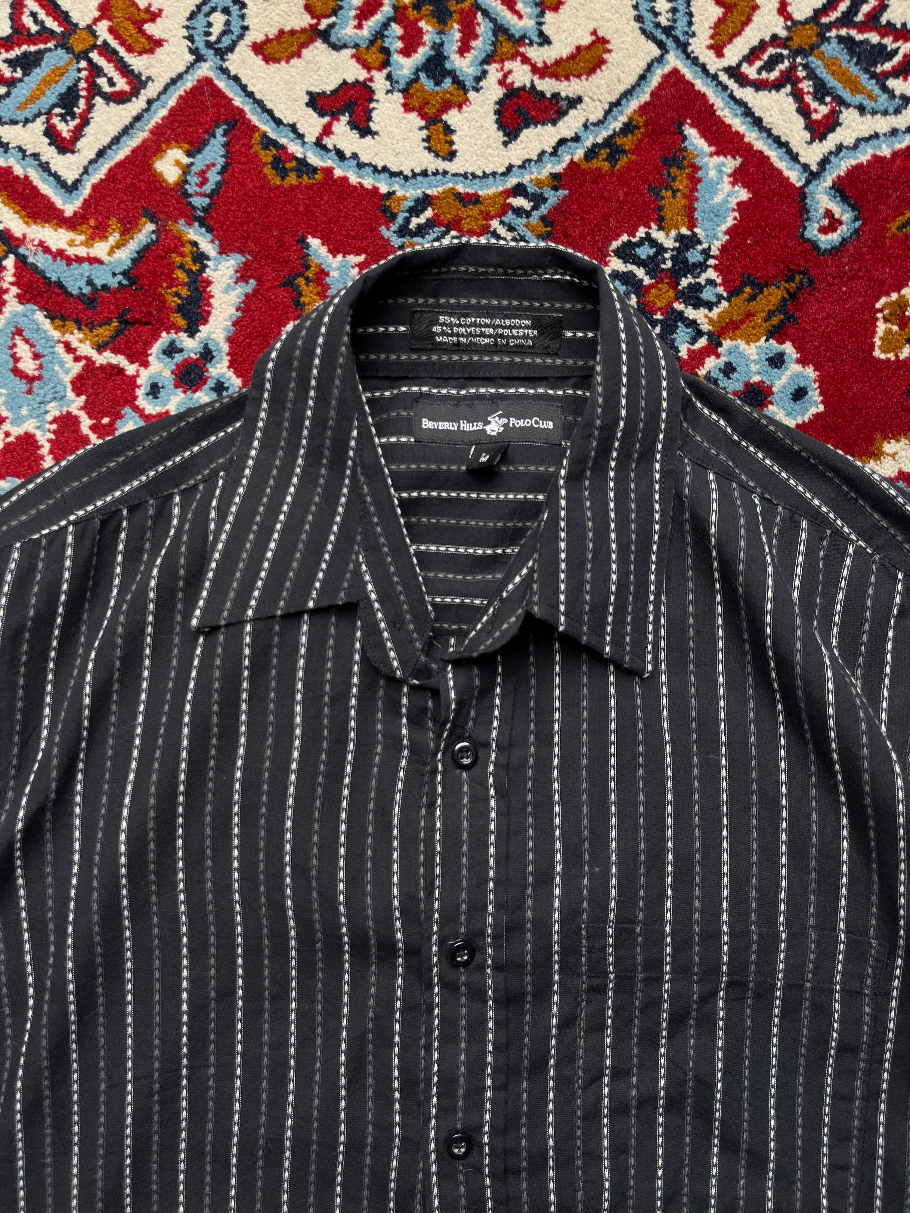 Beverly Hills Polo Club Black White Stripe Button Down Shirt - M