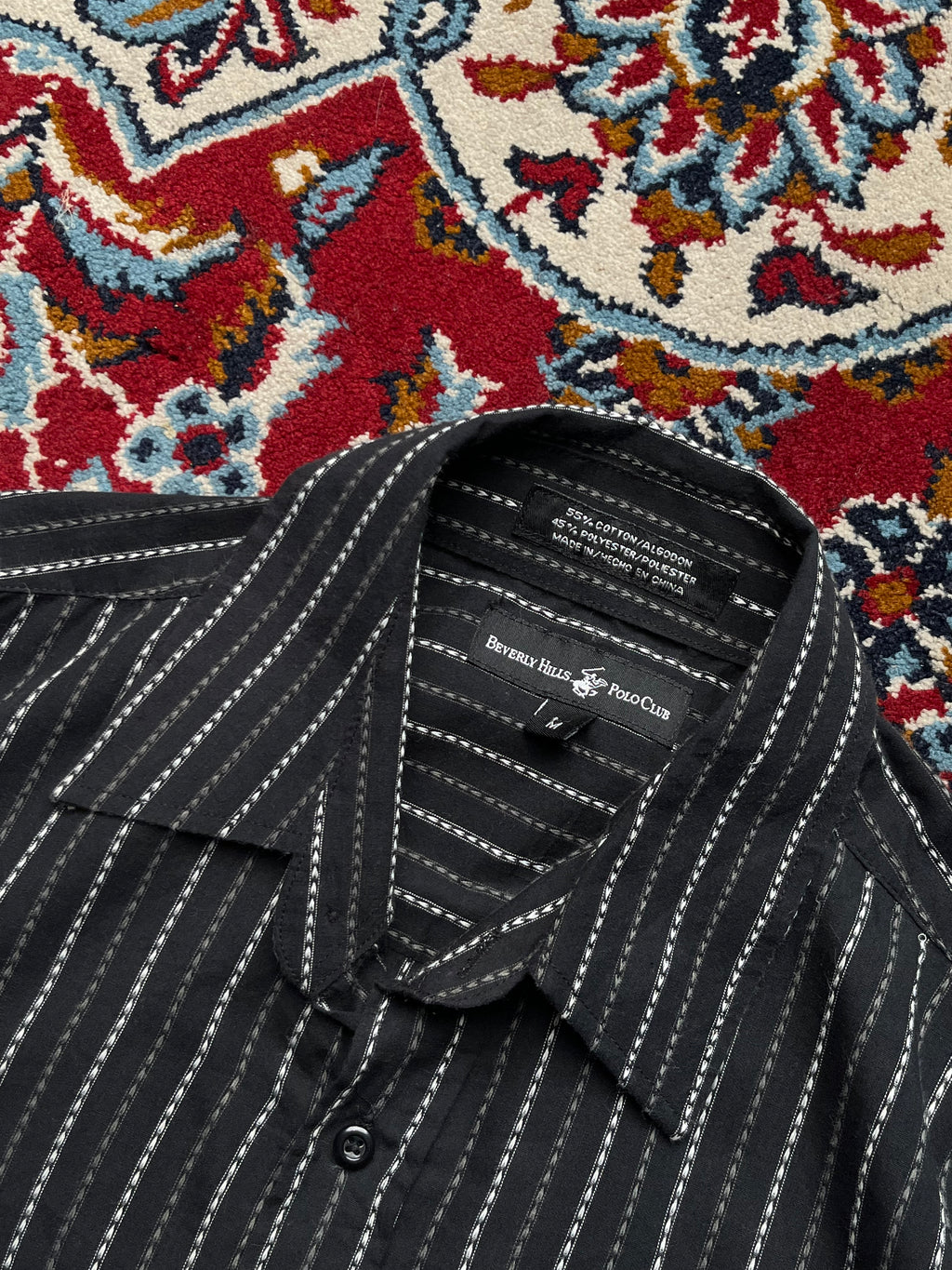 Beverly Hills Polo Club Black White Stripe Button Down Shirt - M