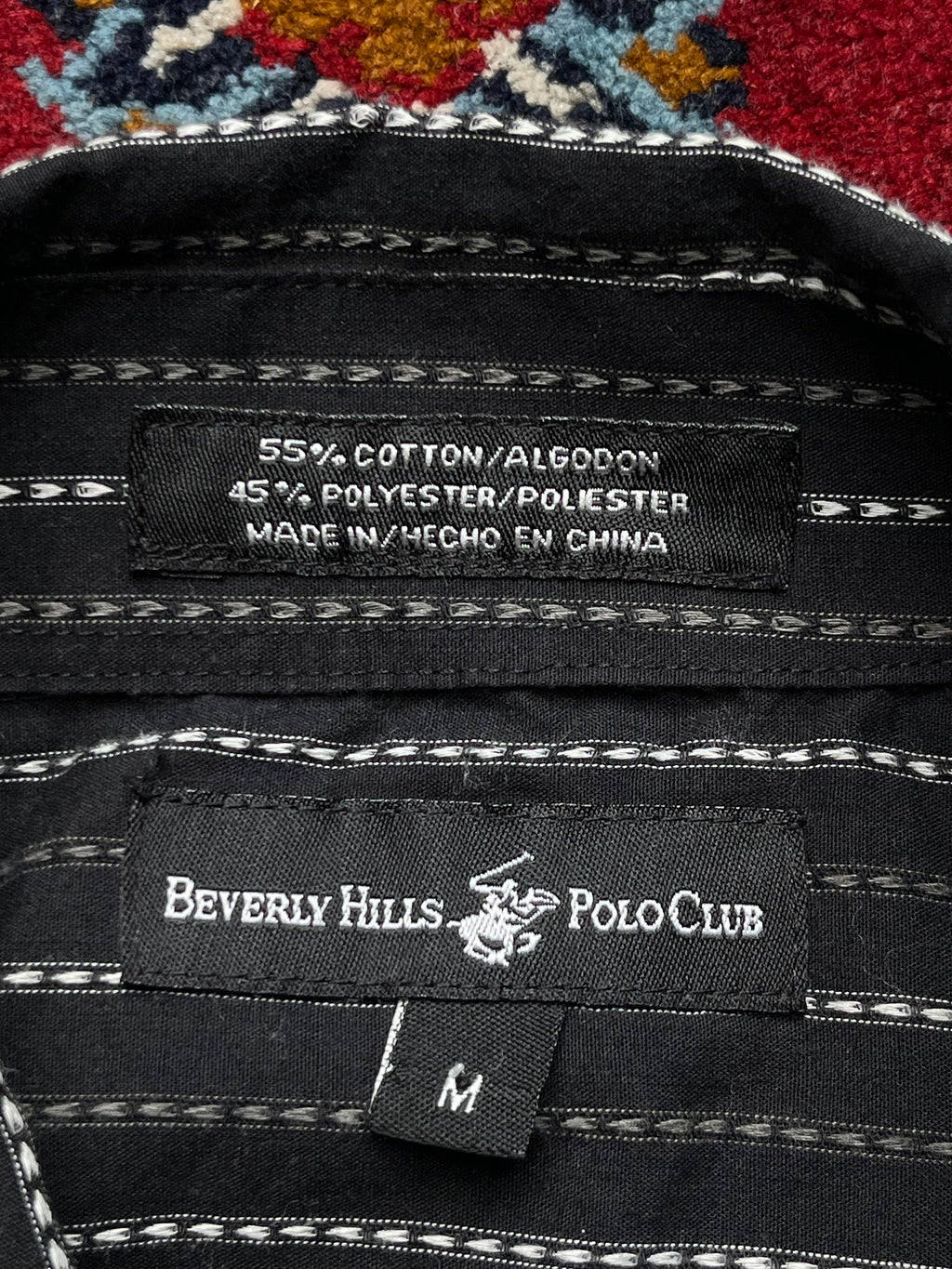 Beverly Hills Polo Club Black White Stripe Button Down Shirt - M