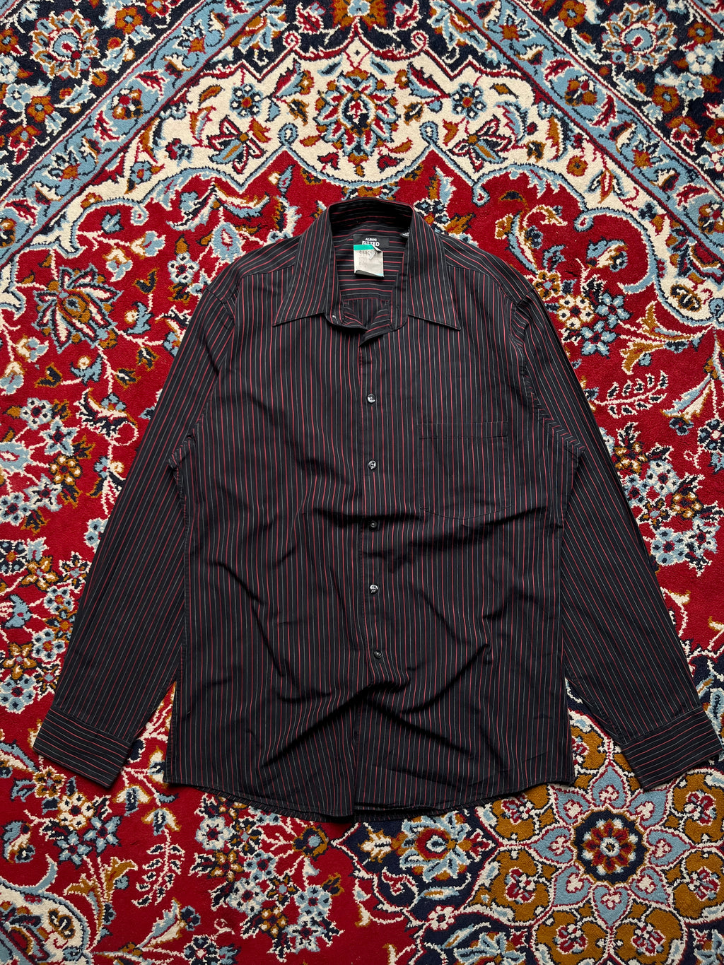 Alfani Fitted Black Red Pinstripe Cotton Button Down Shirt - M