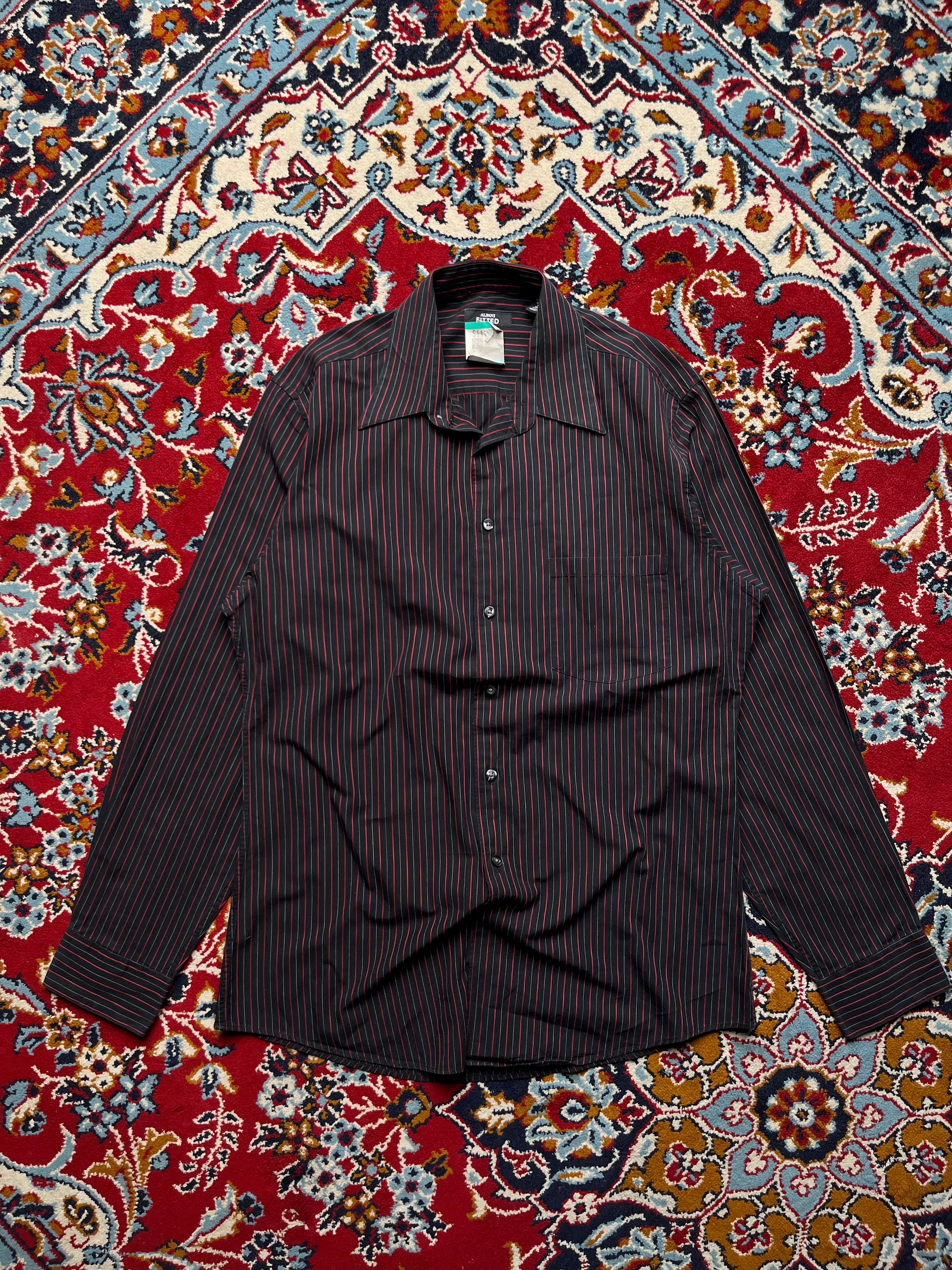 Alfani Fitted Black Red Pinstripe Cotton Button Down Shirt - M