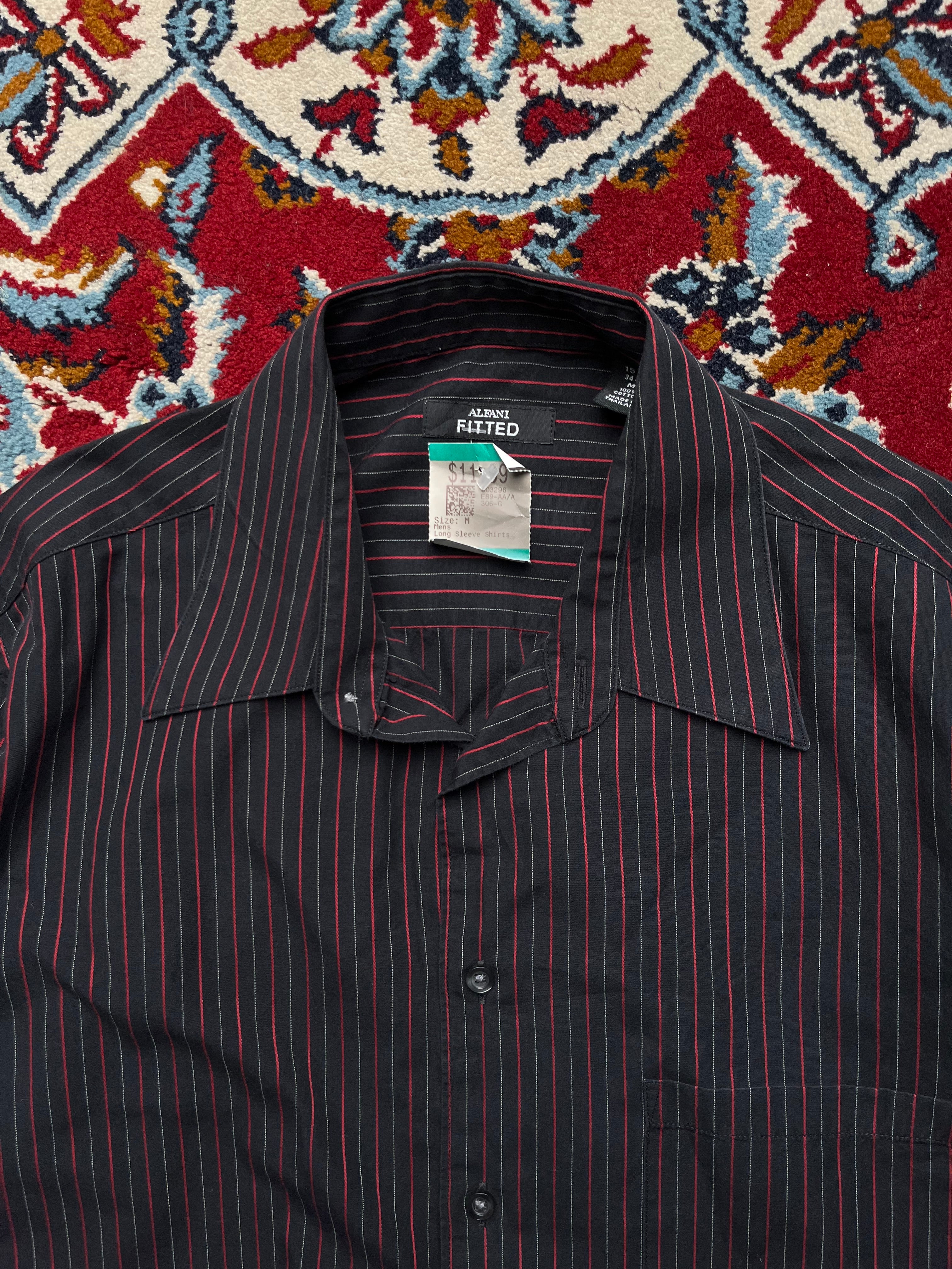 Alfani Fitted Black Red Pinstripe Cotton Button Down Shirt - M