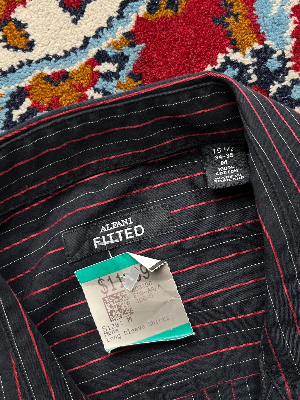 Alfani Fitted Black Red Pinstripe Cotton Button Down Shirt - M