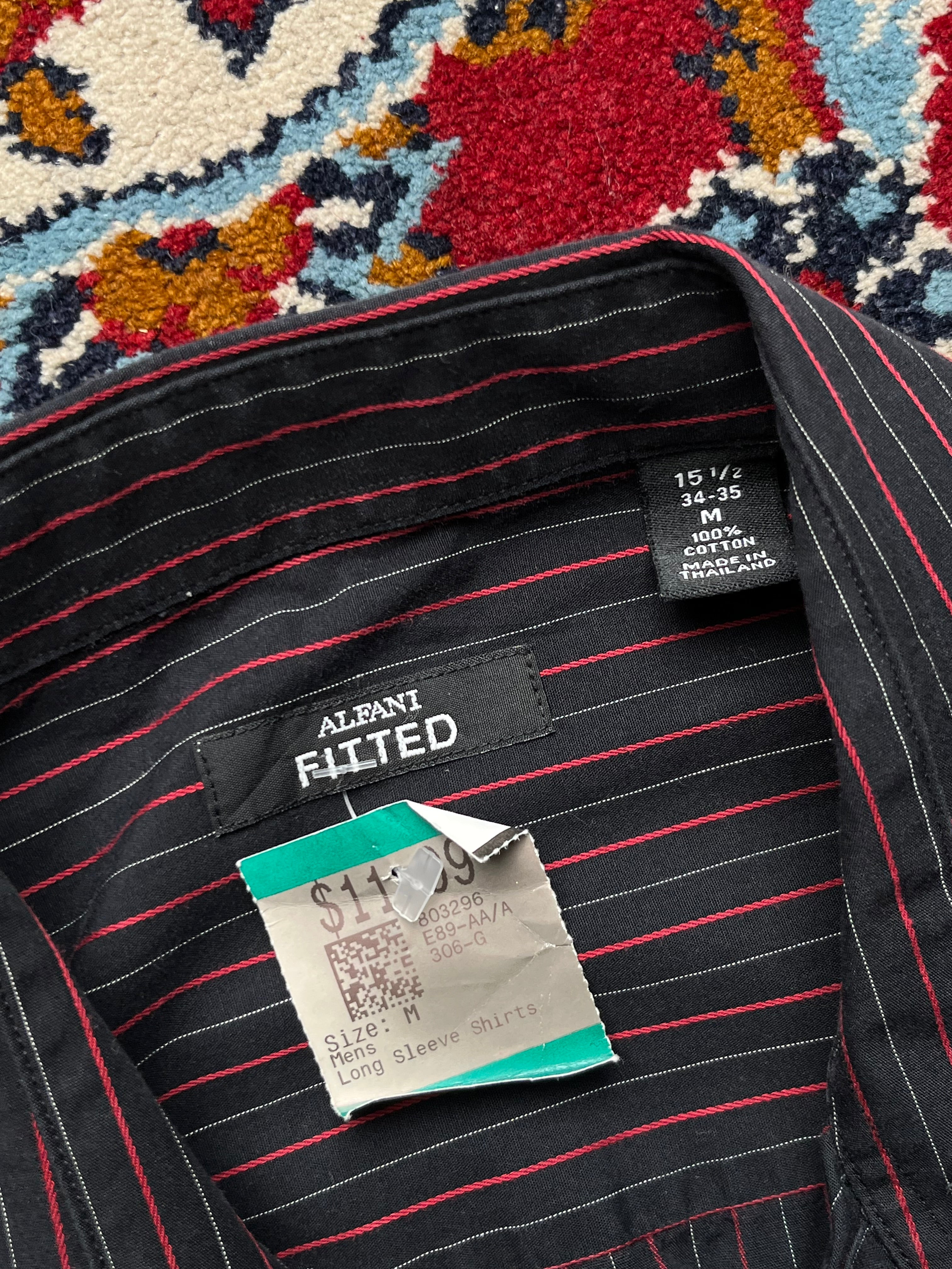 Alfani Fitted Black Red Pinstripe Cotton Button Down Shirt - M