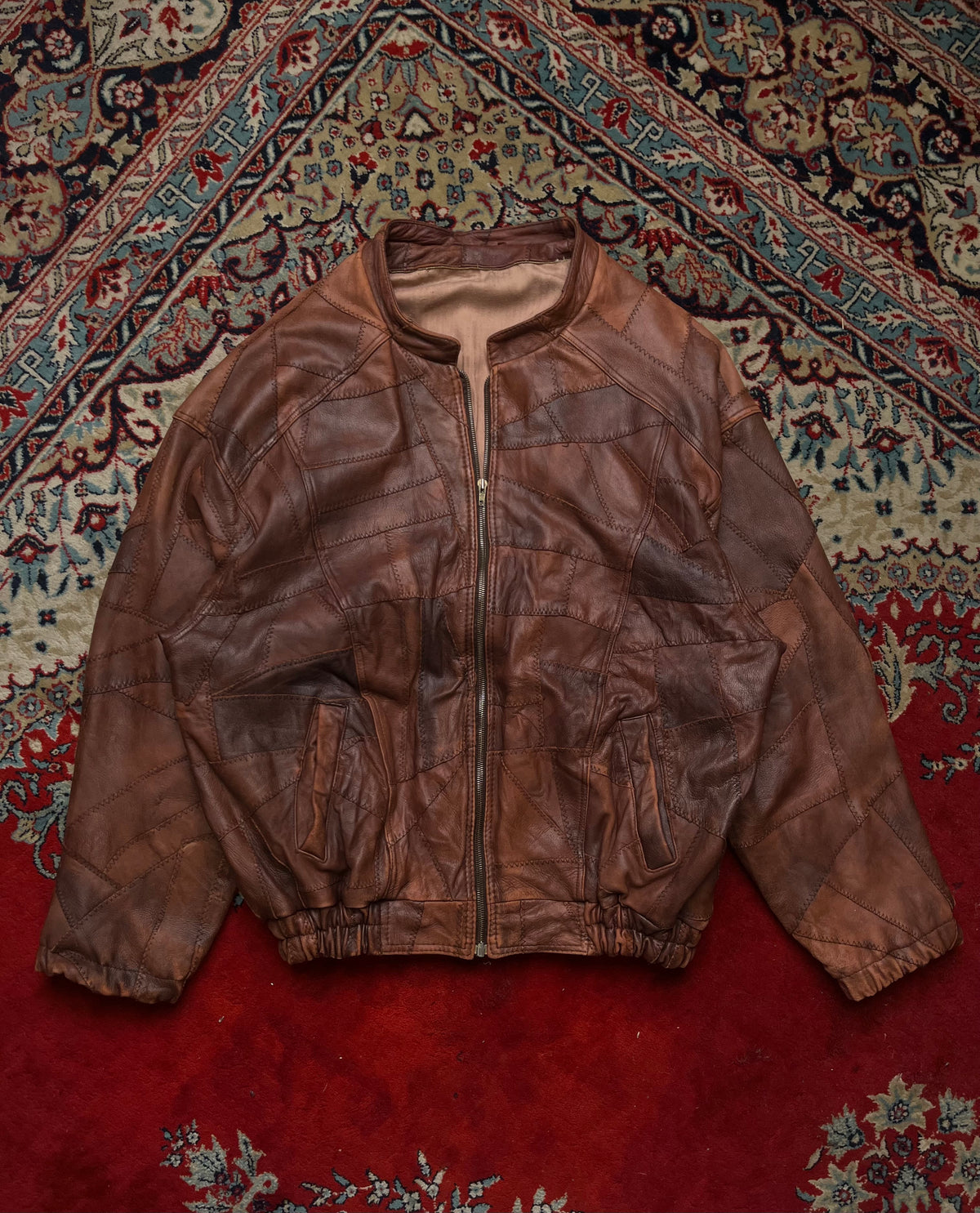 Vintage 80s Brown Patchwork Leather Bomber Jacket - L
