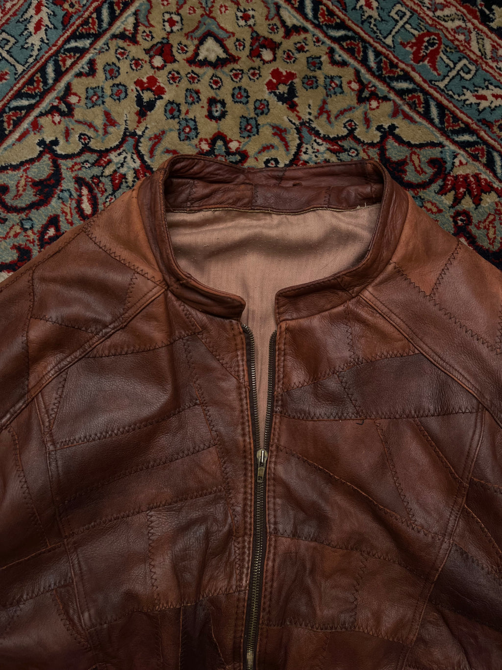 Vintage 80s Brown Patchwork Leather Bomber Jacket - L