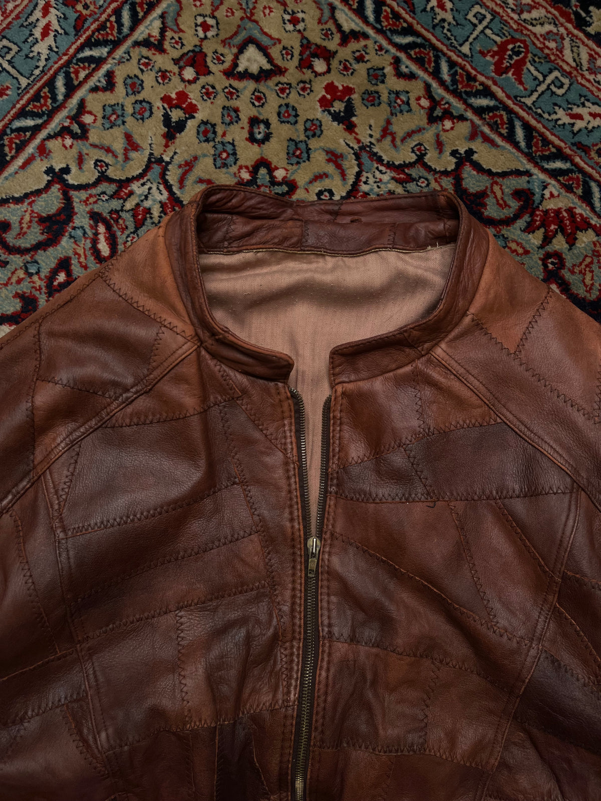 Vintage 80s Brown Patchwork Leather Bomber Jacket - L