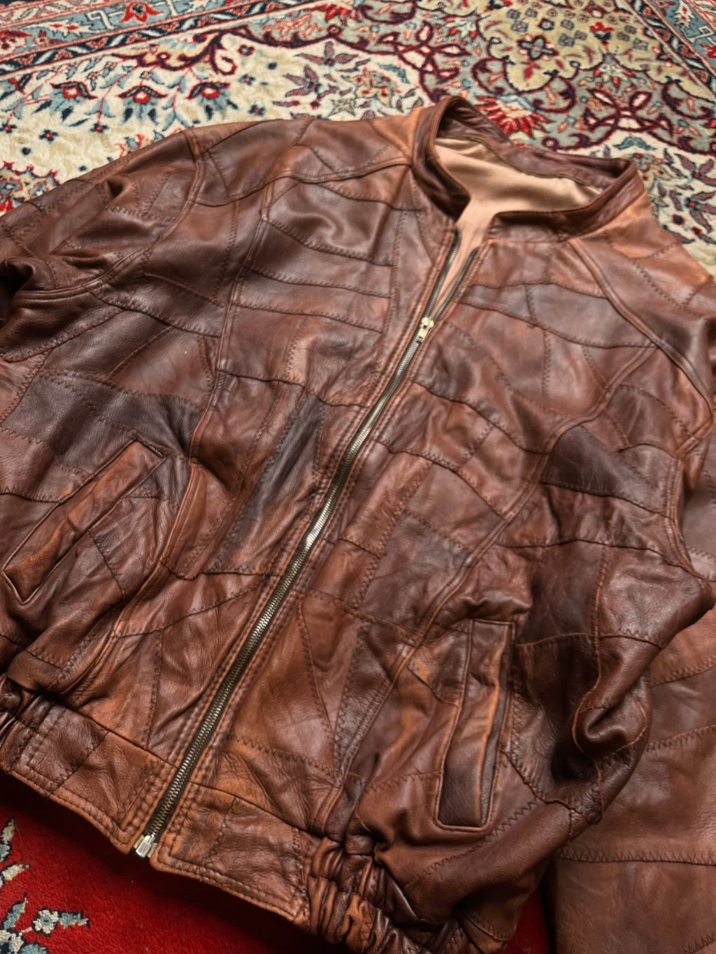 Vintage 80s Brown Patchwork Leather Bomber Jacket - L