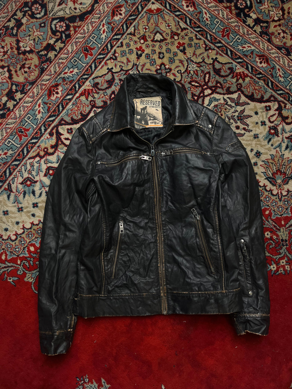 Reserved Distressed Black Leather Moto Cafe Racer Jacket - M
