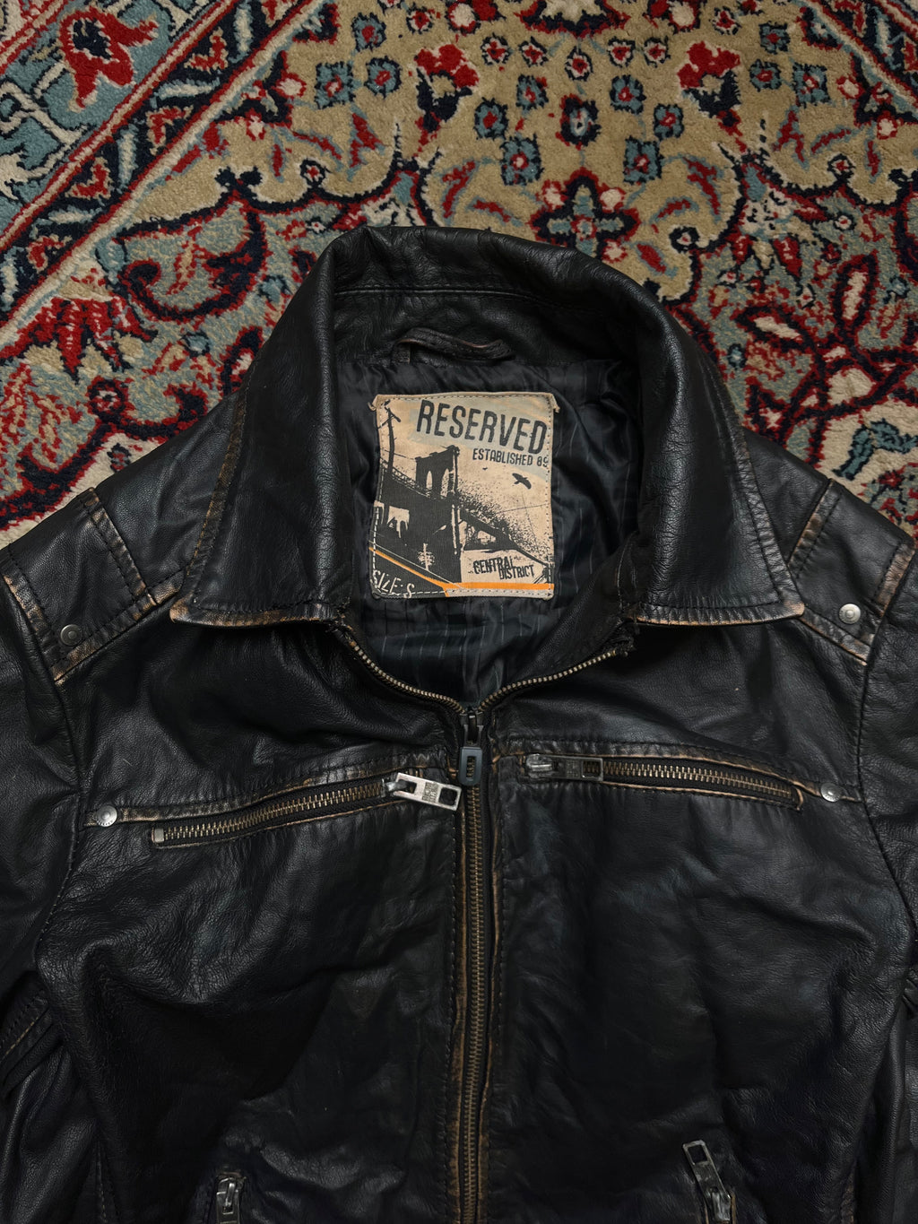 Reserved Distressed Black Leather Moto Cafe Racer Jacket - M