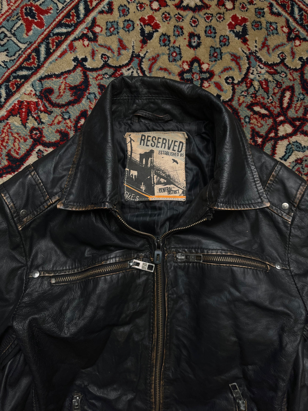 Reserved Distressed Black Leather Moto Cafe Racer Jacket - M