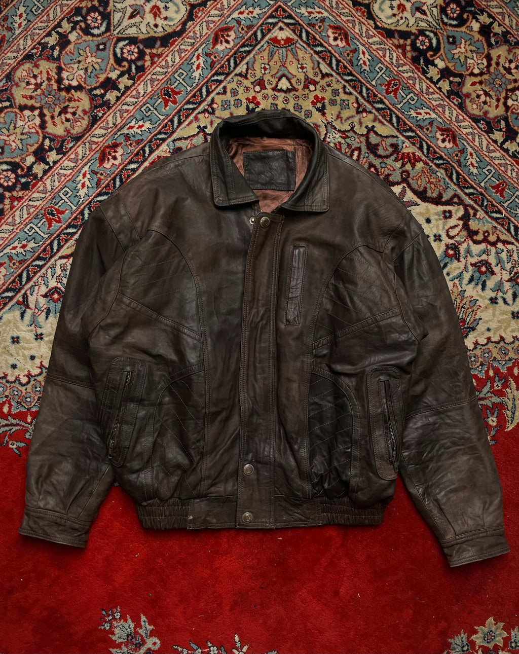 Vintage Dark Brown Distressed Leather Bomber Jacket - L