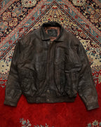 Vintage Dark Brown Distressed Leather Bomber Jacket - L