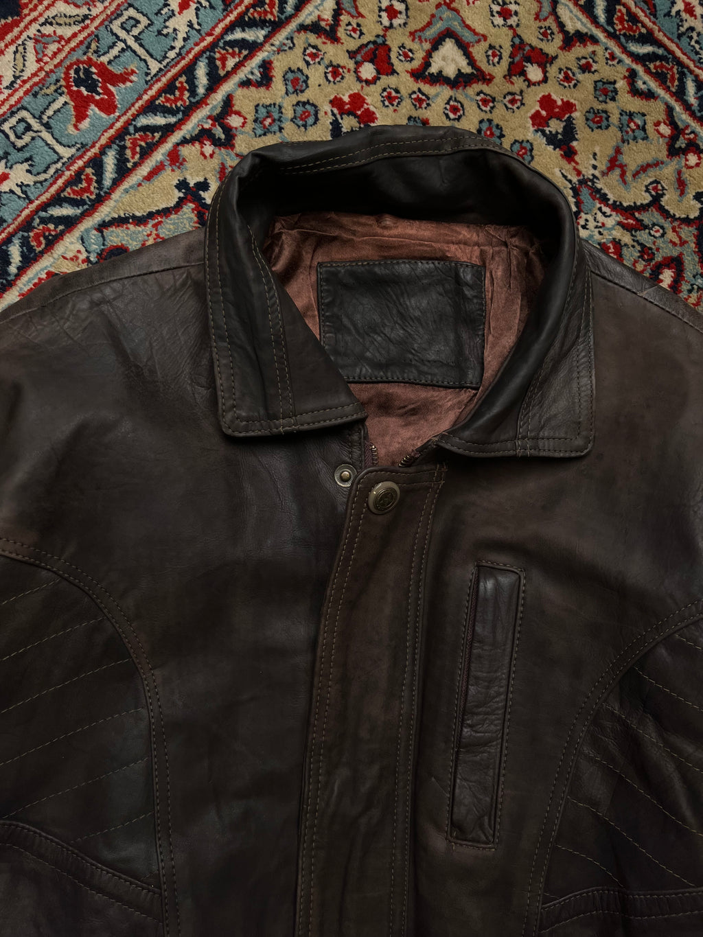 Vintage Dark Brown Distressed Leather Bomber Jacket - L