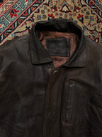 Vintage Dark Brown Distressed Leather Bomber Jacket - L