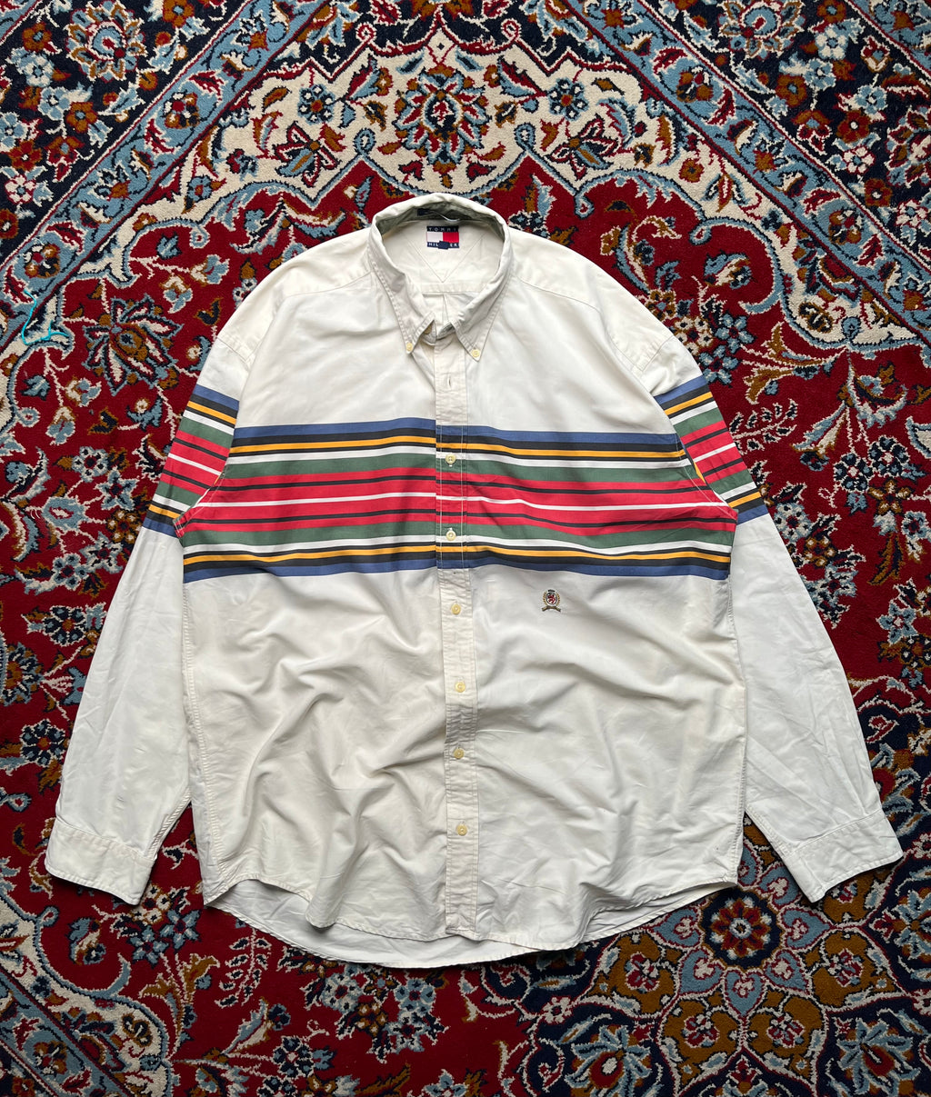 Vintage Tommy Hilfiger Vintage Horizontal Stripe Crest Button Down Shirt - XL