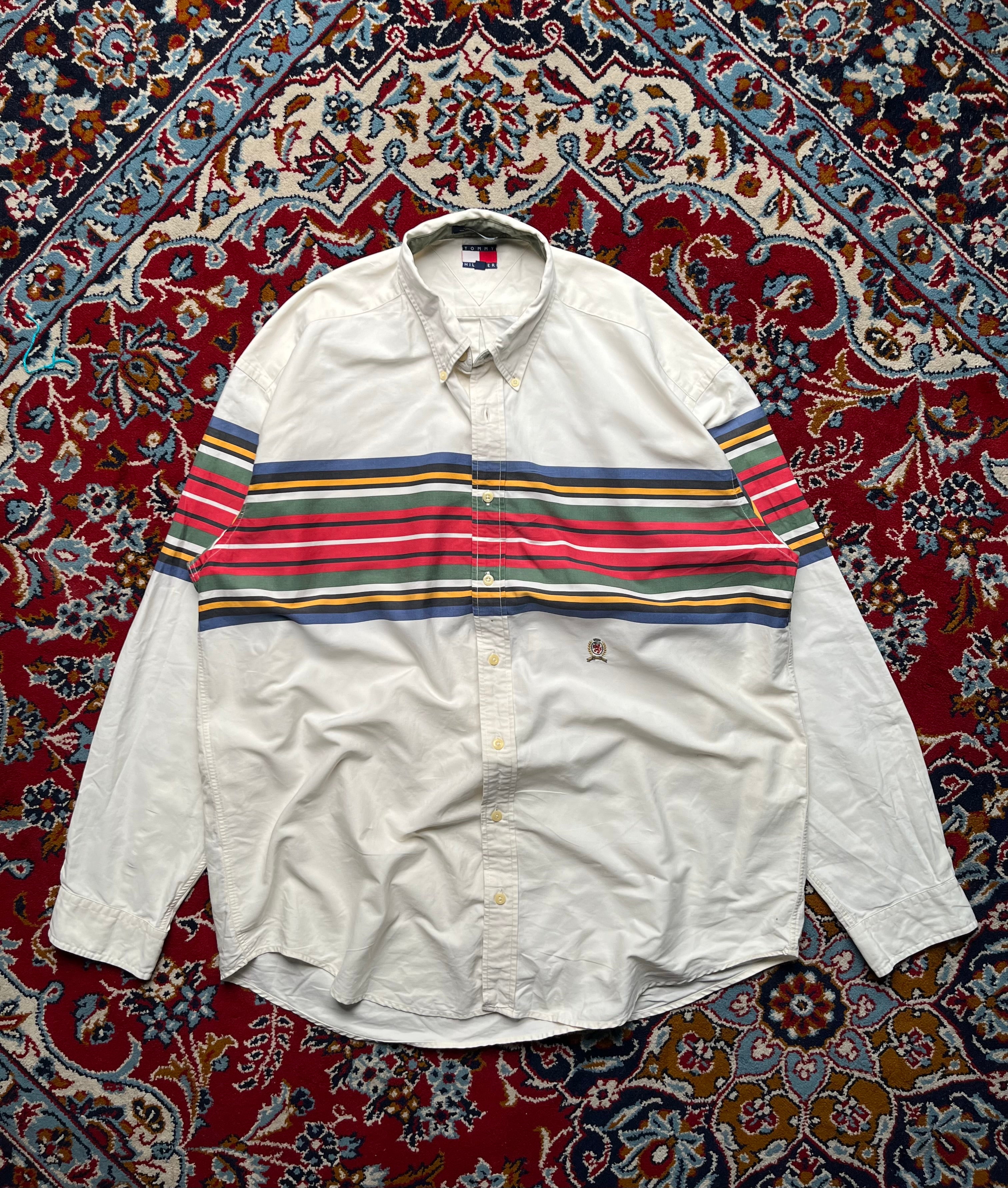 Vintage Tommy Hilfiger Vintage Horizontal Stripe Crest Button Down Shirt - XL