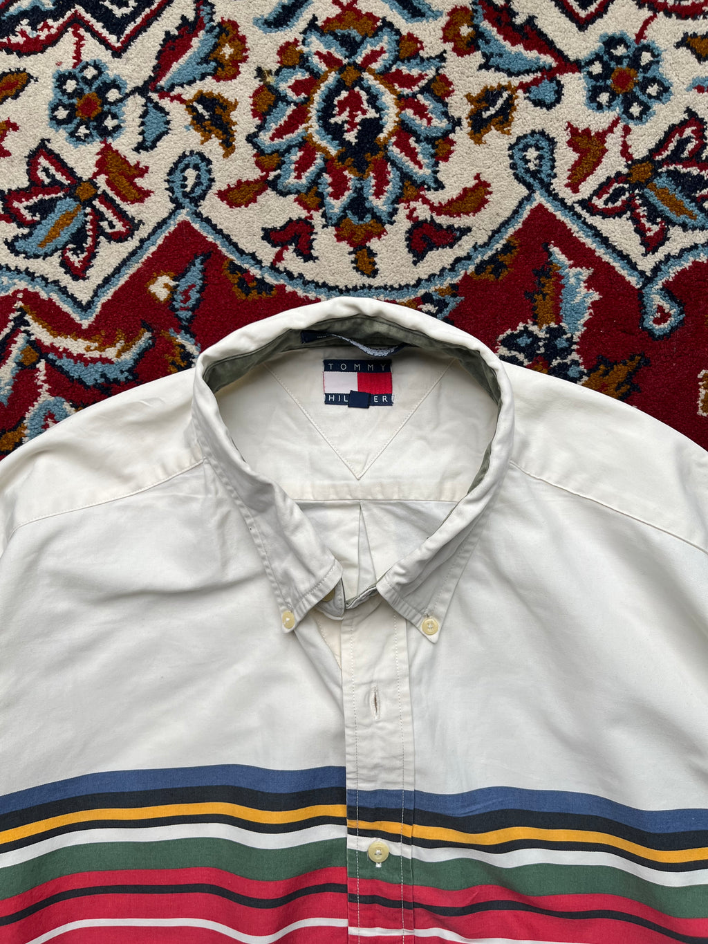 Vintage Tommy Hilfiger Vintage Horizontal Stripe Crest Button Down Shirt - XL