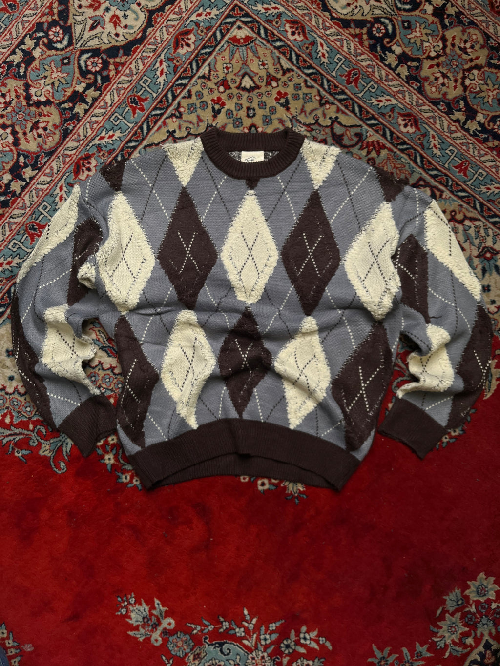 Vintage 316 Standard Argyle Knit Chunky Fuzzy Textured Crewneck Sweater - M