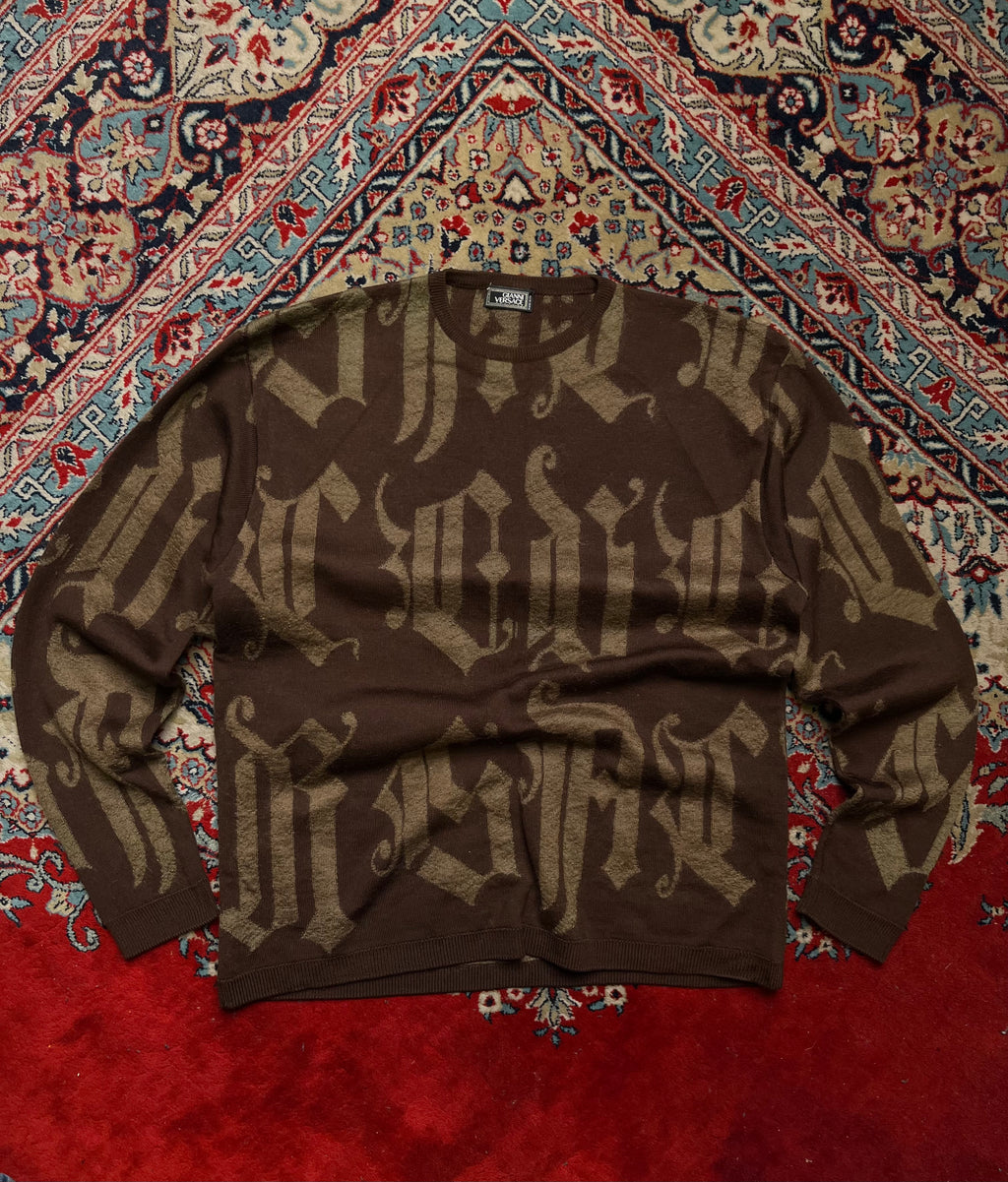 Vintage Gianni Versace Couture Gothic Calligraphy Typography Jacquard Knit Wool Sweater - L