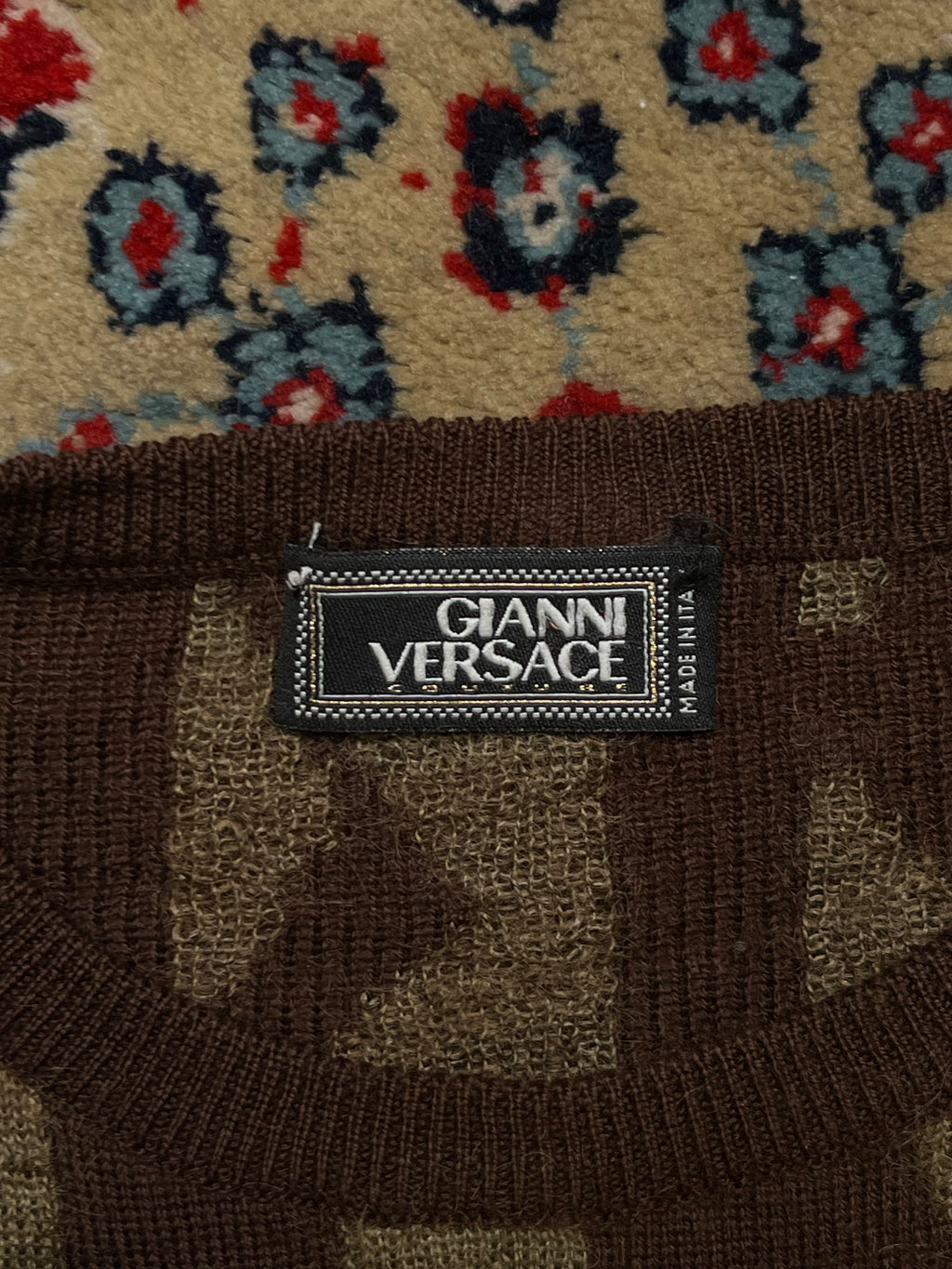 Vintage Gianni Versace Couture Gothic Calligraphy Typography Jacquard Knit Wool Sweater - L